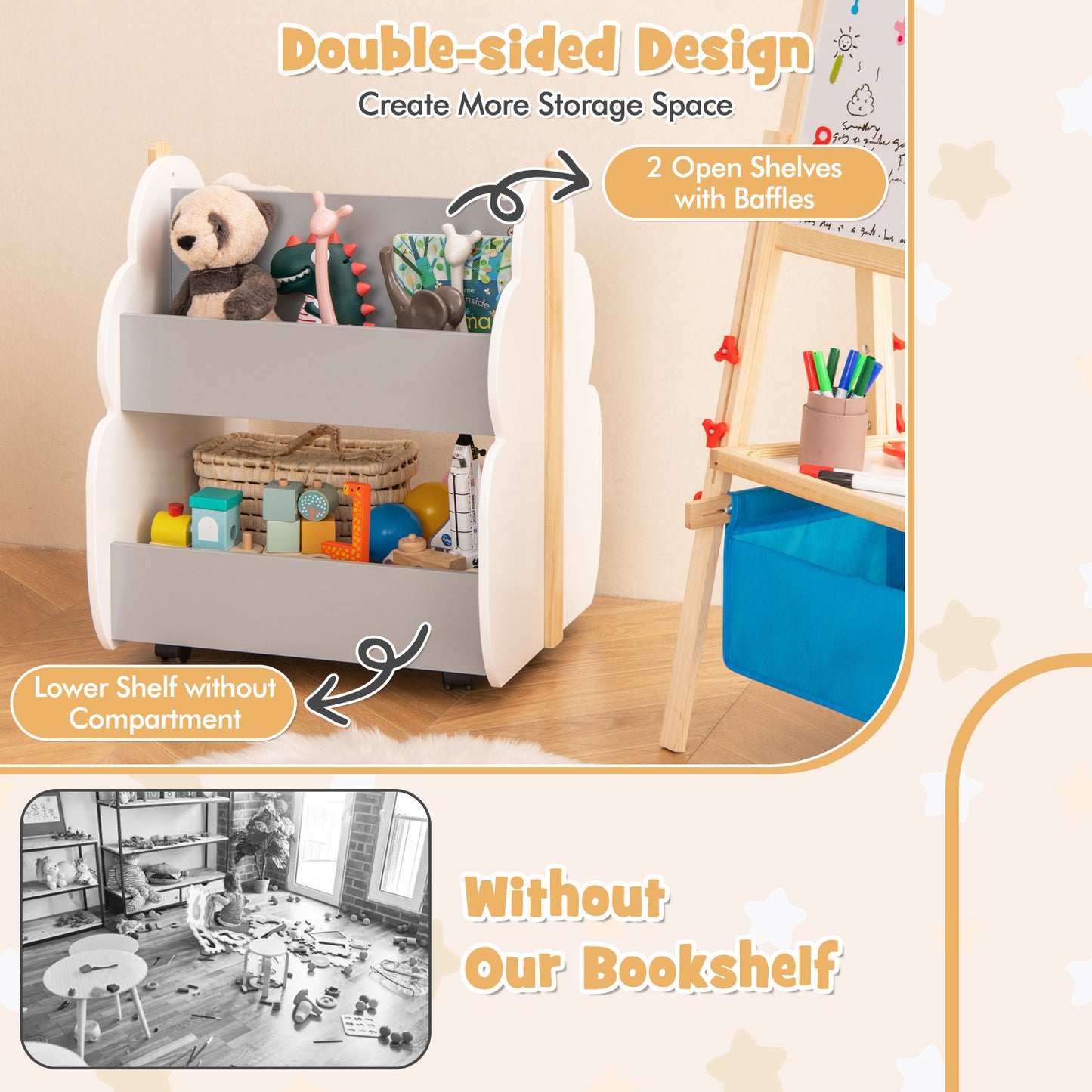 Kids Wooden Bookshelf with Universal Wheels-Gray Kids Crystal