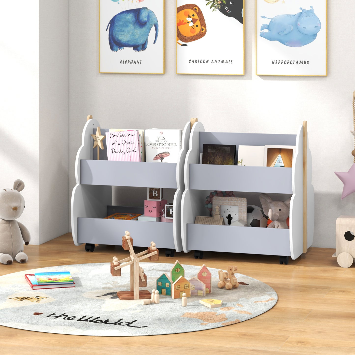 Kids Wooden Bookshelf with Universal Wheels-Gray Kids Crystal