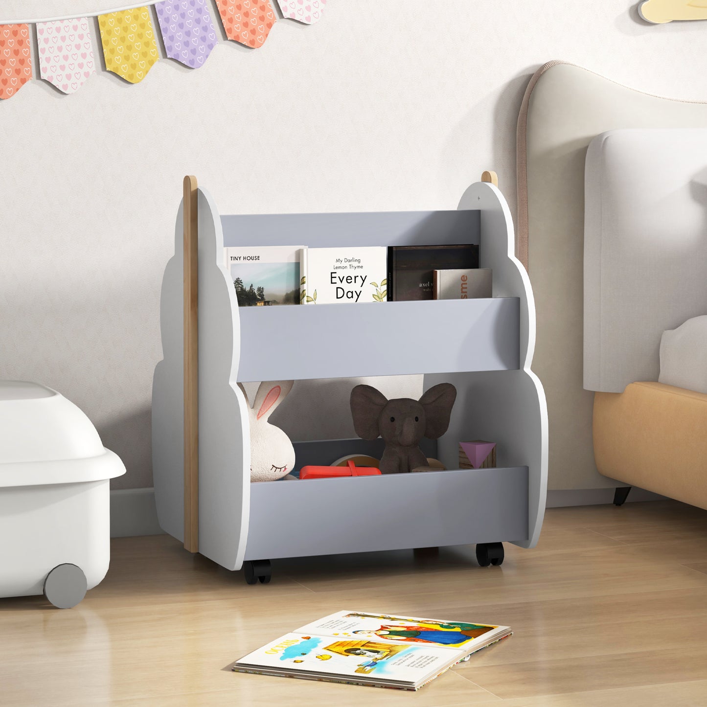 Kids Wooden Bookshelf with Universal Wheels-Gray Kids Crystal