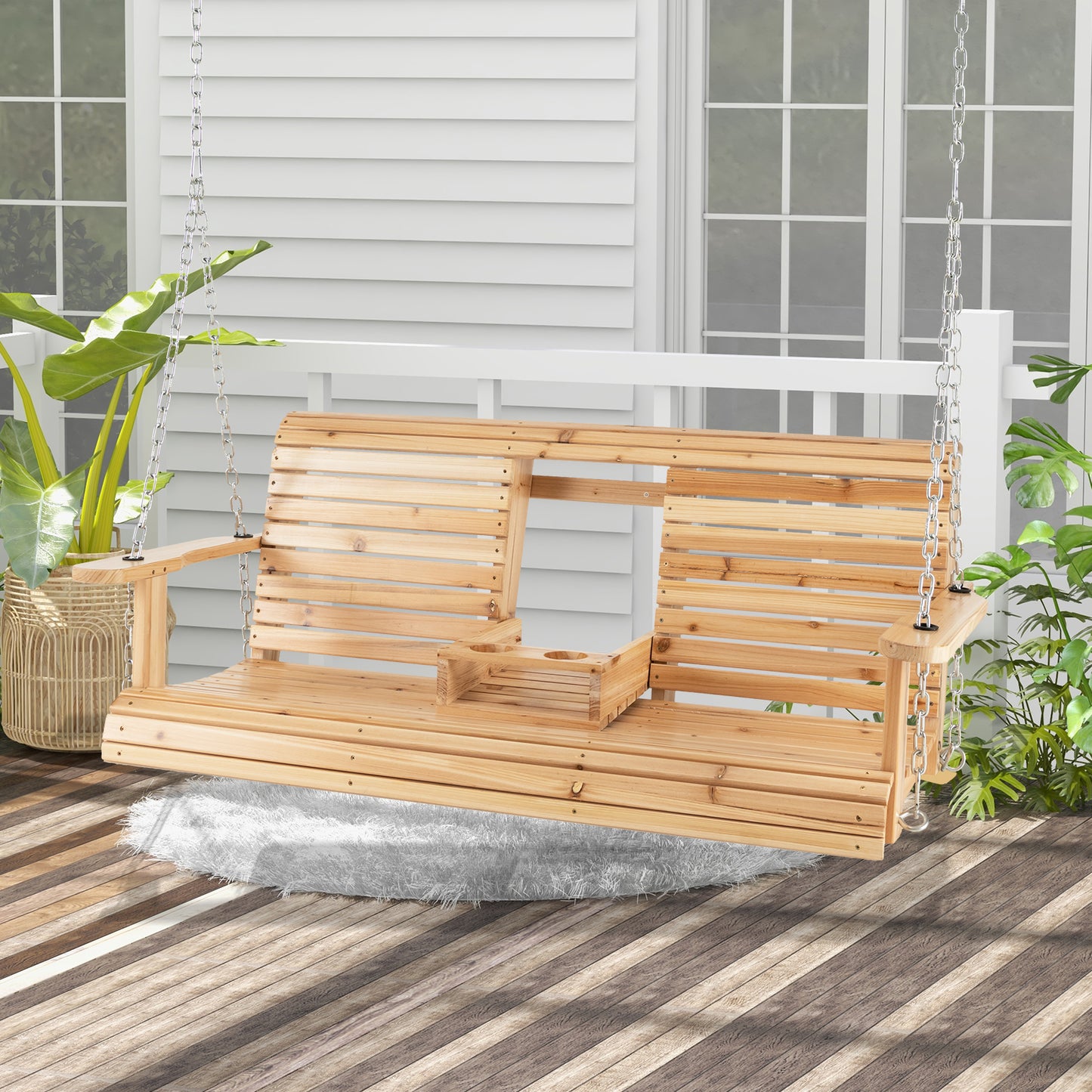 5 Feet Porch Swing Chair with Adjustable Chains and Foldable Cup Holders Kids Crystal
