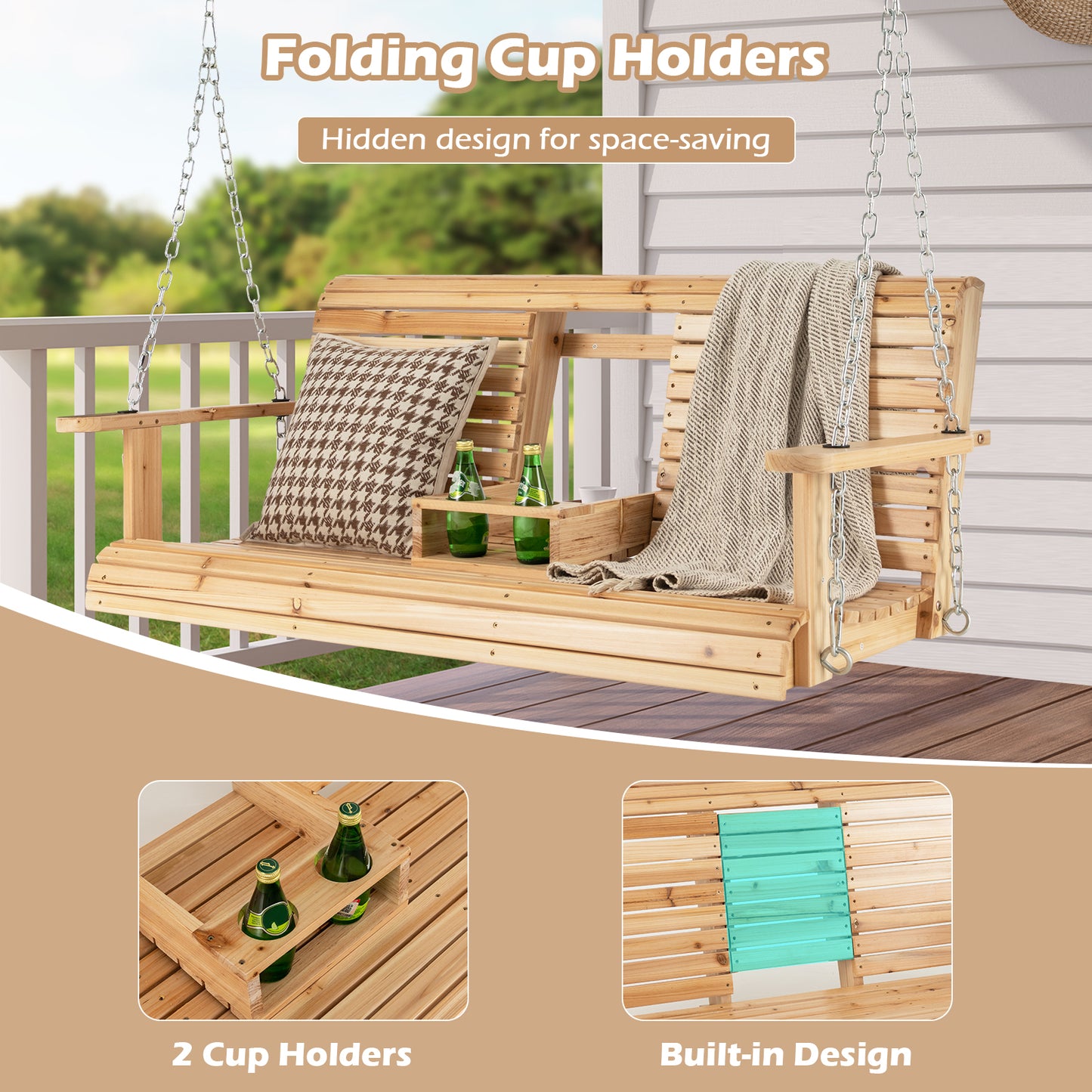 5 Feet Porch Swing Chair with Adjustable Chains and Foldable Cup Holders Kids Crystal
