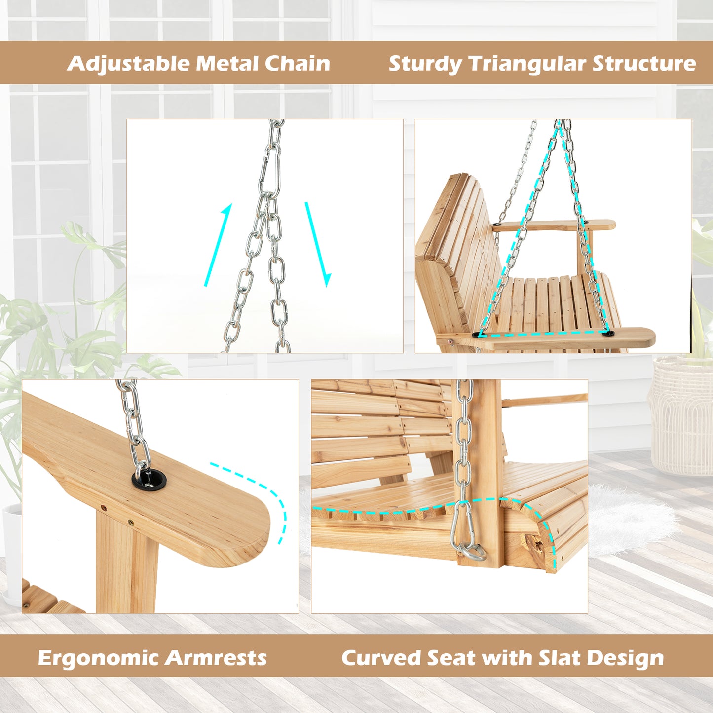 5 Feet Porch Swing Chair with Adjustable Chains and Foldable Cup Holders Kids Crystal