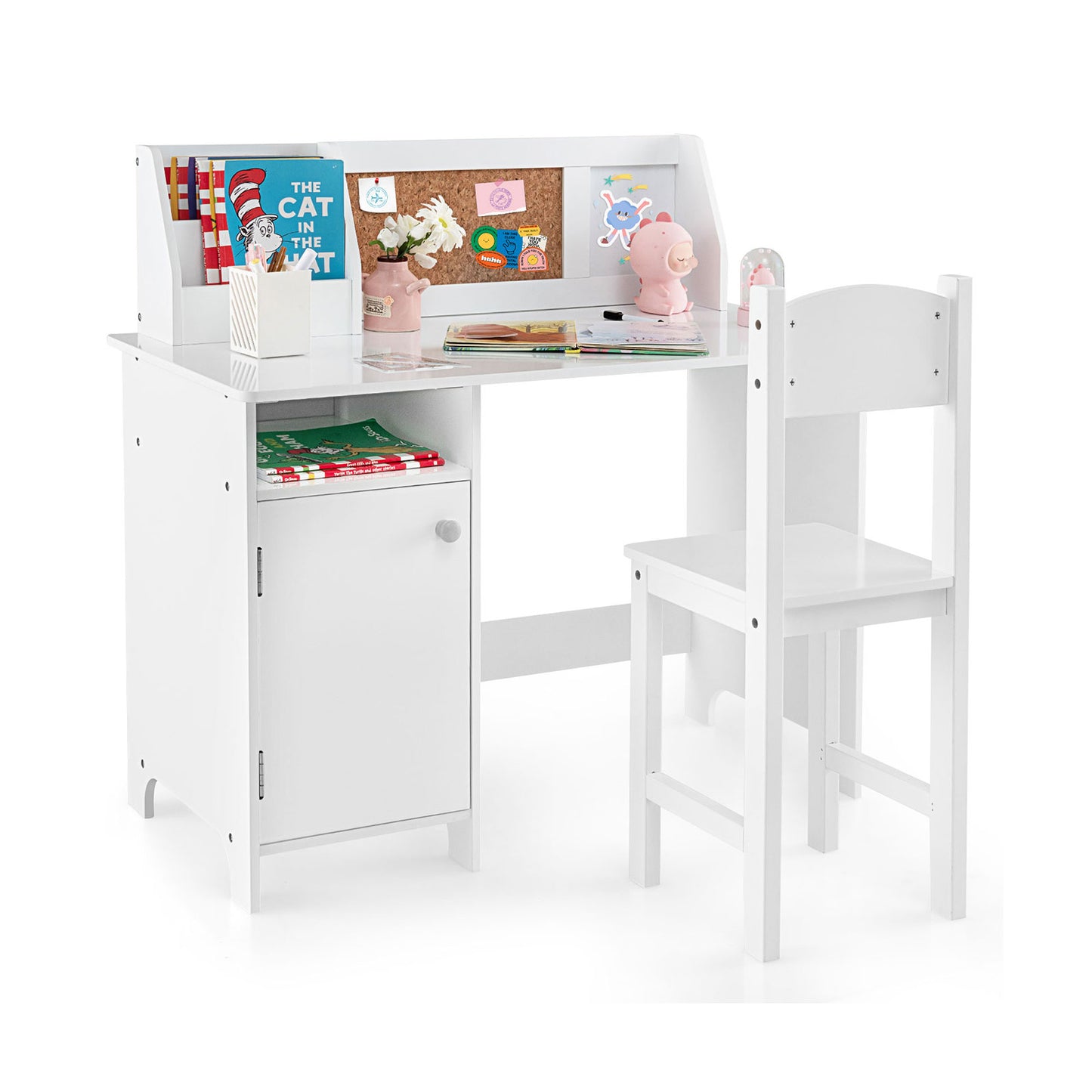 Wooden Kids Study Desk and Chair Set with Storage Cabinet and Bulletin Board-White Kids Crystal
