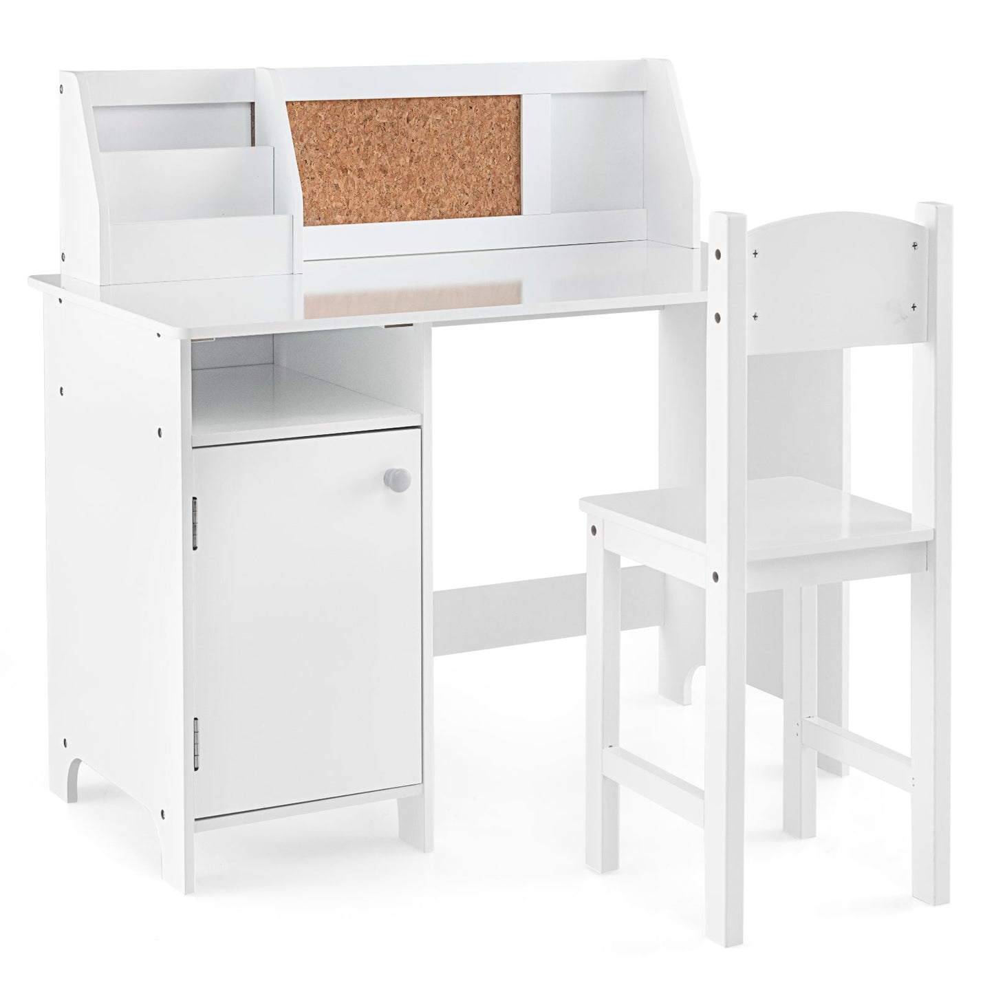 Wooden Kids Study Desk and Chair Set with Storage Cabinet and Bulletin Board-White Kids Crystal