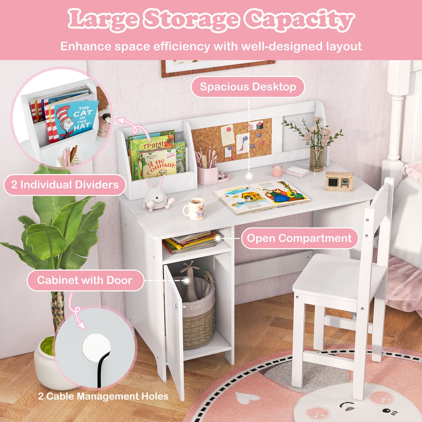 Wooden Kids Study Desk and Chair Set with Storage Cabinet and Bulletin Board-White Kids Crystal