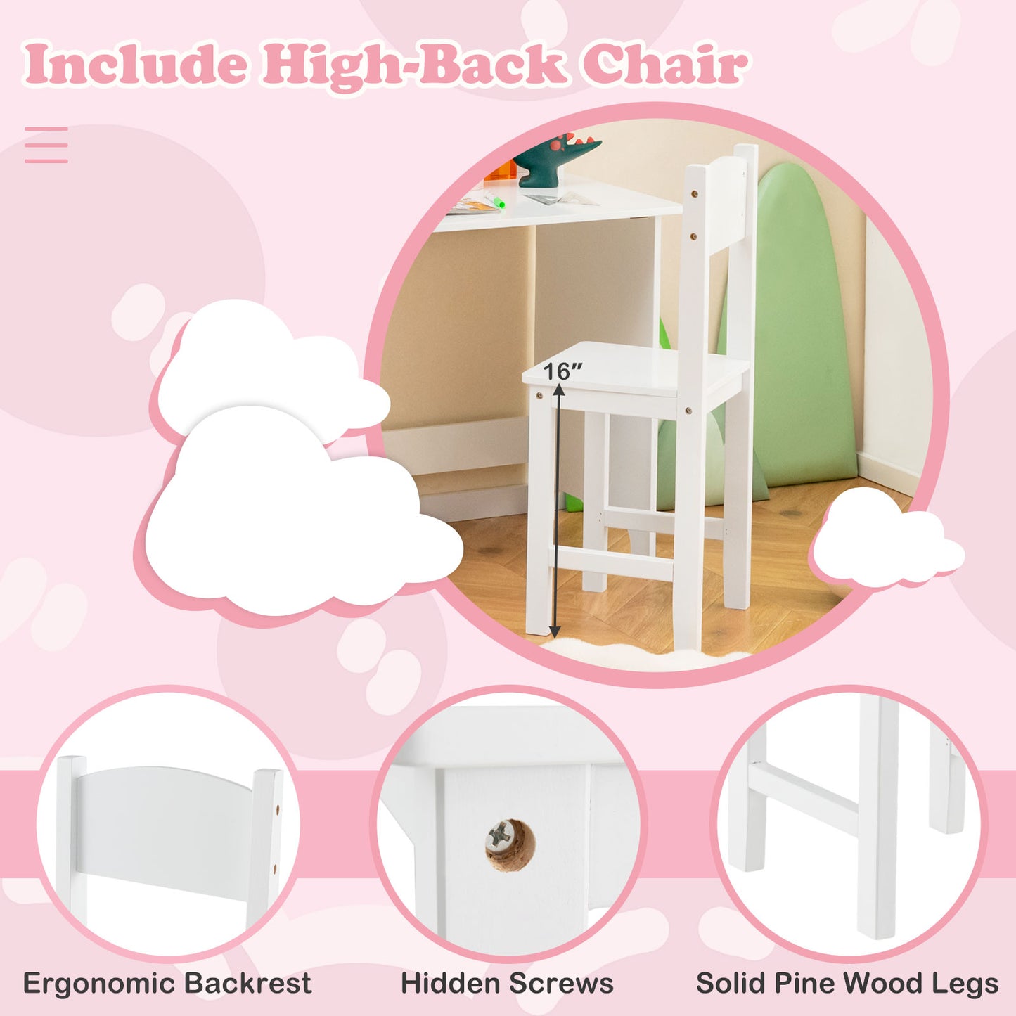 Wooden Kids Study Desk and Chair Set with Storage Cabinet and Bulletin Board-White Kids Crystal