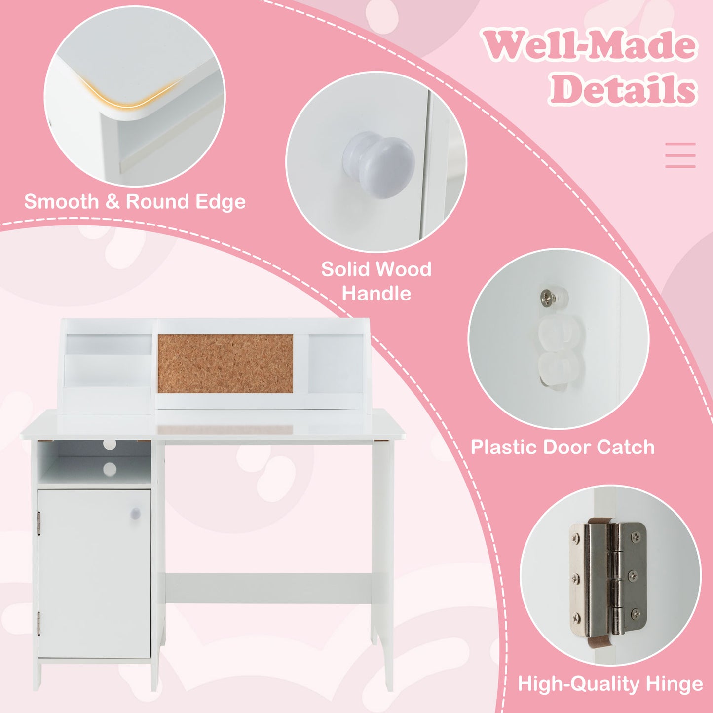 Wooden Kids Study Desk and Chair Set with Storage Cabinet and Bulletin Board-White Kids Crystal