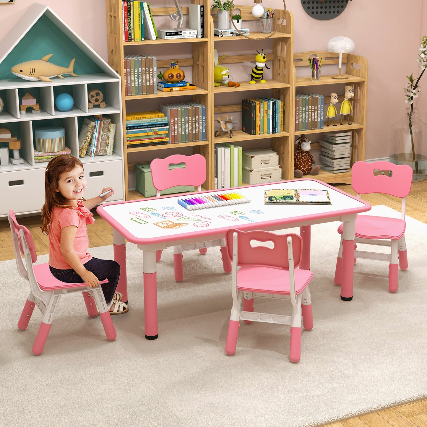 Kids Table and Chairs Set for 4 with Graffiti Desktop-Pink Kids Crystal