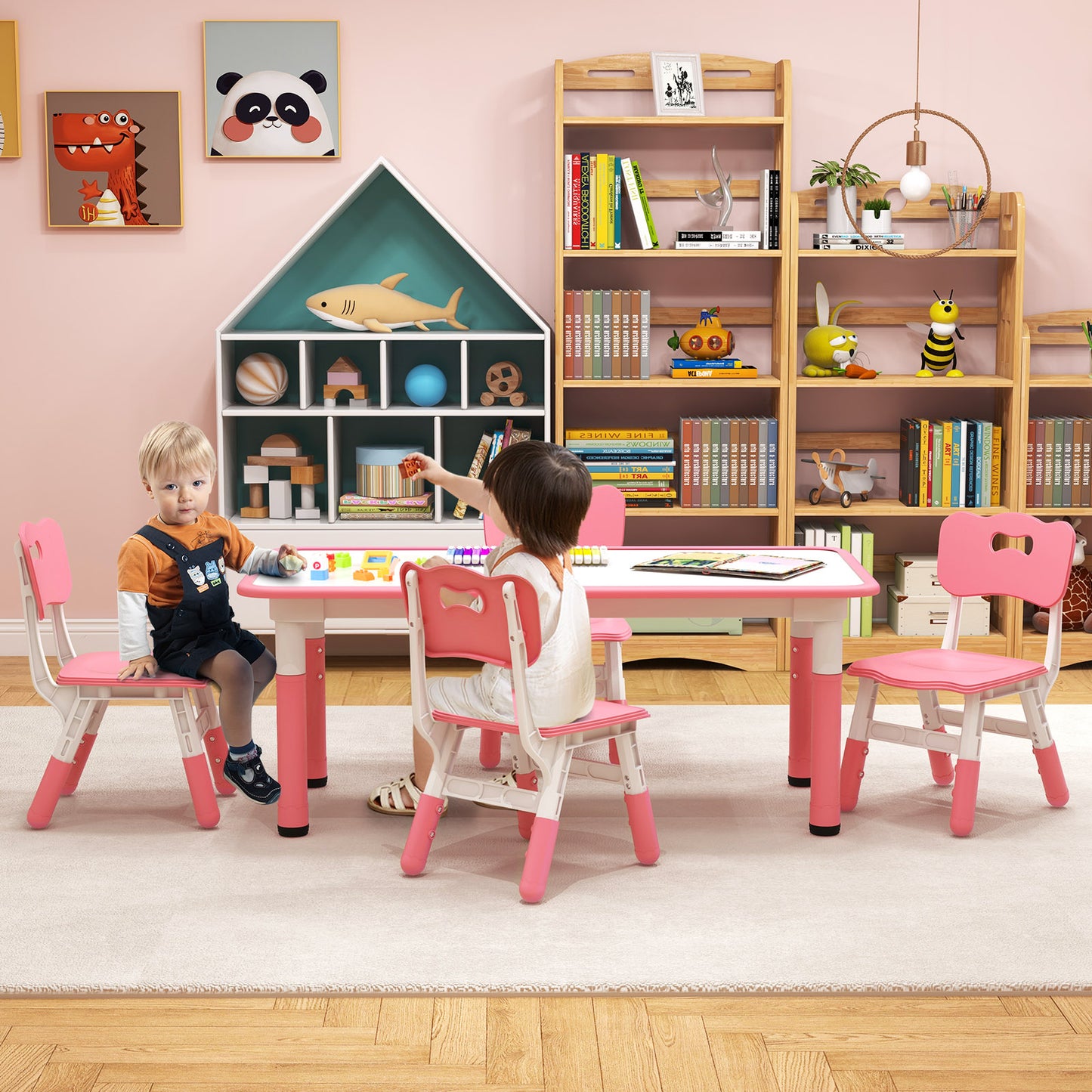 Kids Table and Chairs Set for 4 with Graffiti Desktop-Pink Kids Crystal