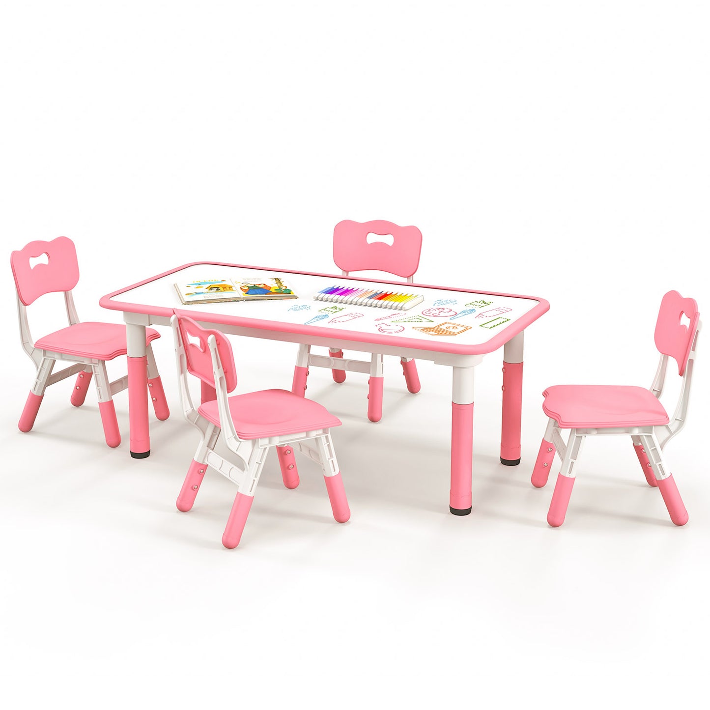 Kids Table and Chairs Set for 4 with Graffiti Desktop-Pink Kids Crystal
