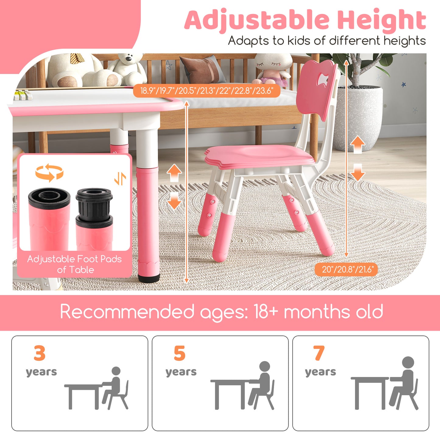 Kids Table and Chairs Set for 4 with Graffiti Desktop-Pink Kids Crystal