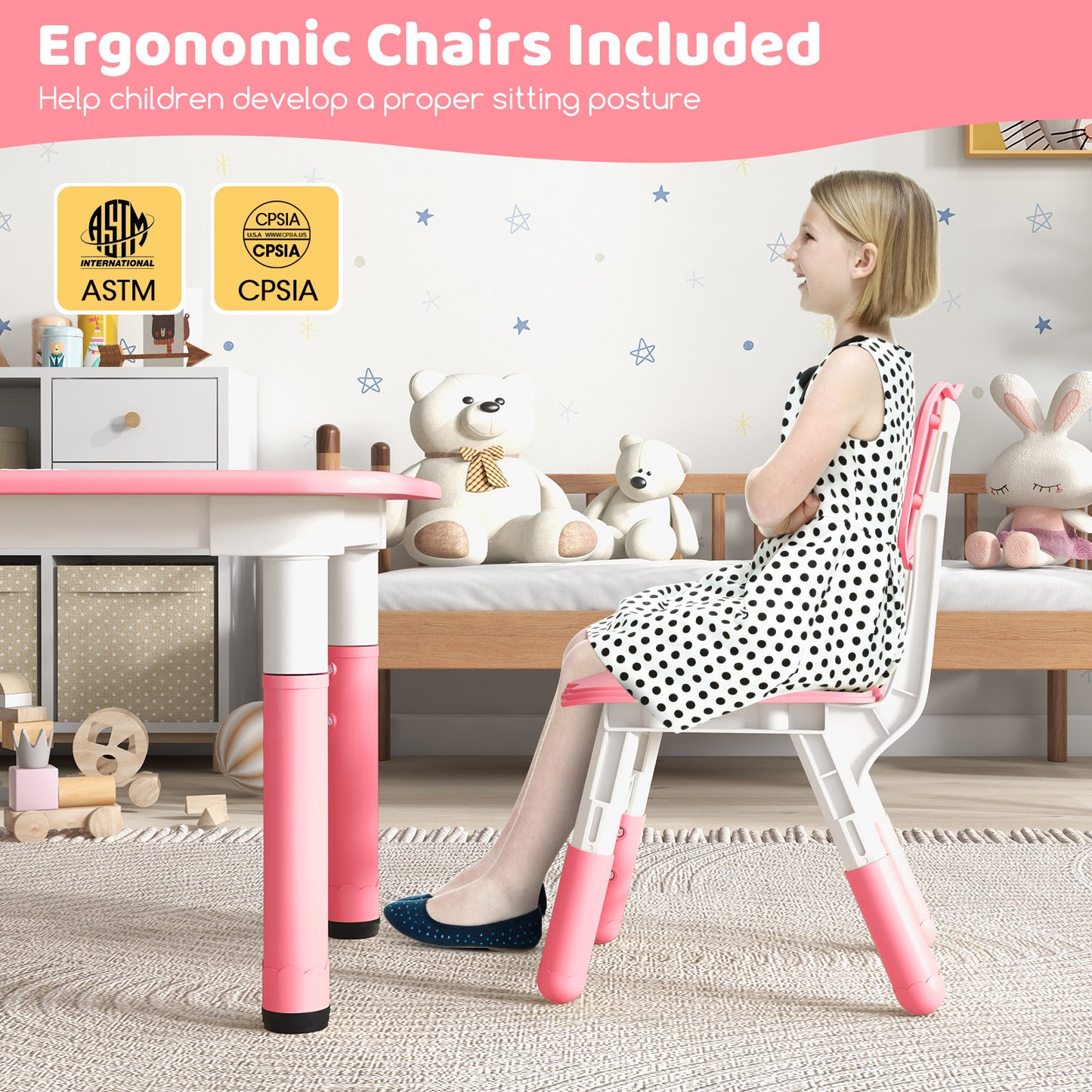Kids Table and Chairs Set for 4 with Graffiti Desktop-Pink Kids Crystal