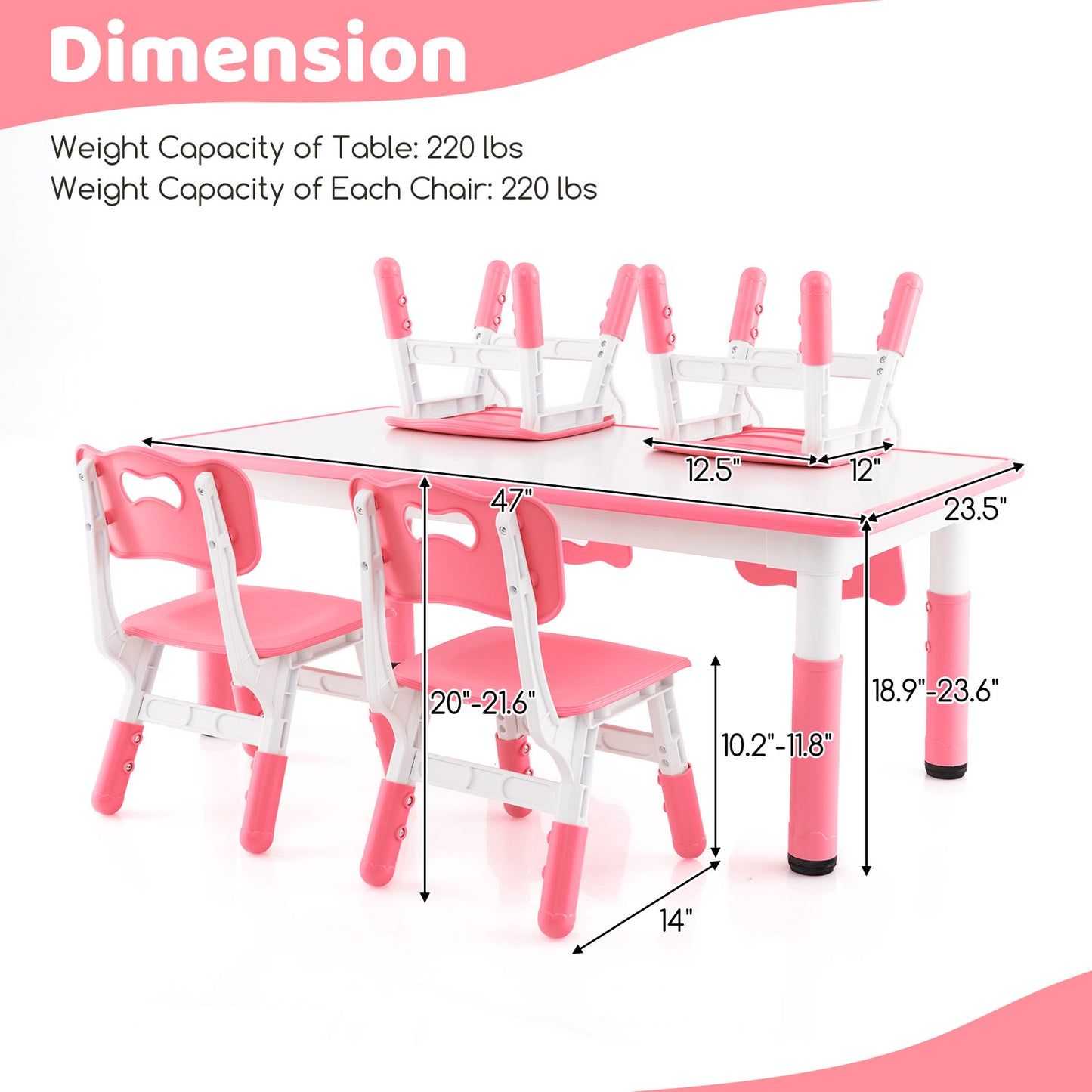 Kids Table and Chairs Set for 4 with Graffiti Desktop-Pink Kids Crystal