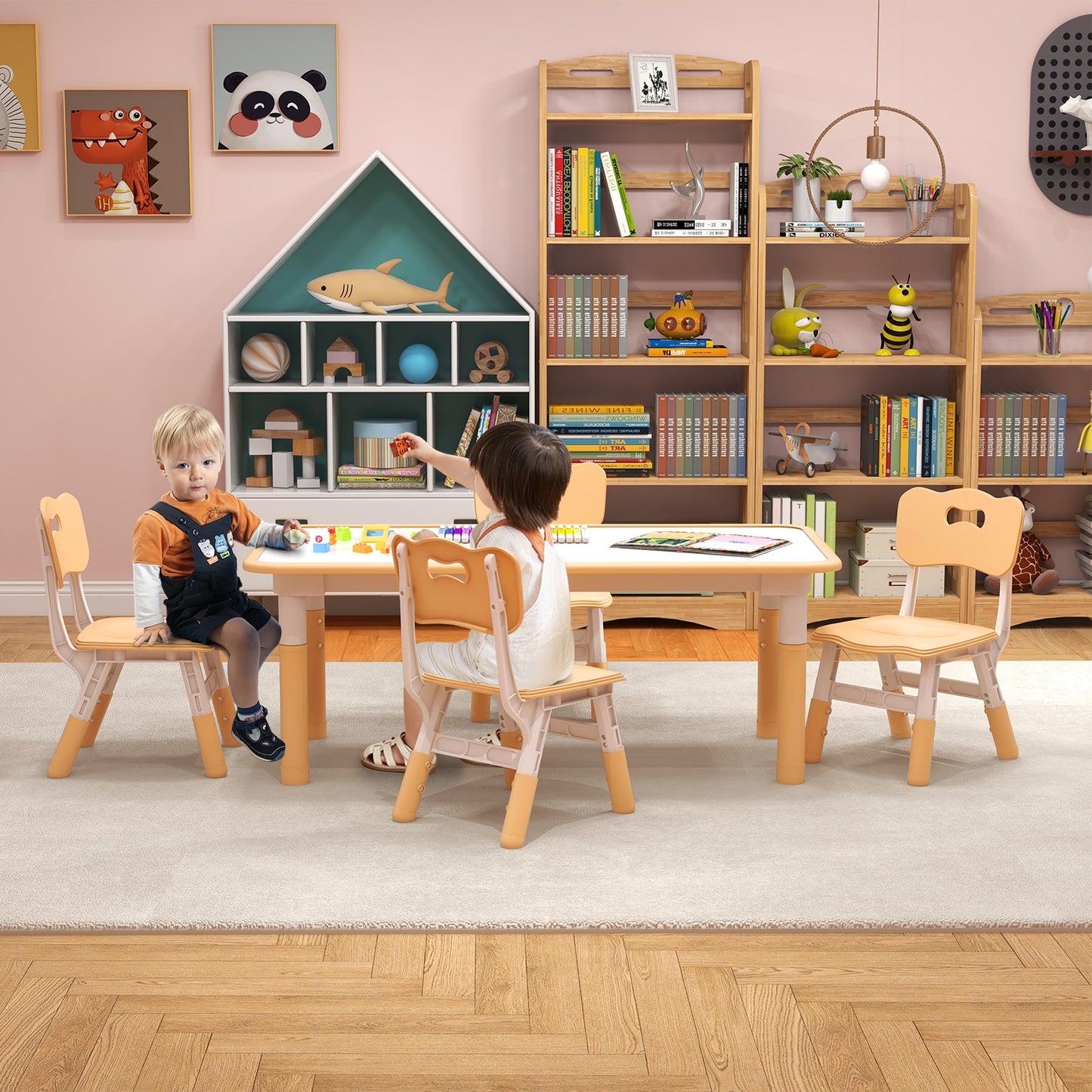 Kids Table and Chairs Set for 4 with Graffiti Desktop-Natural Kids Crystal