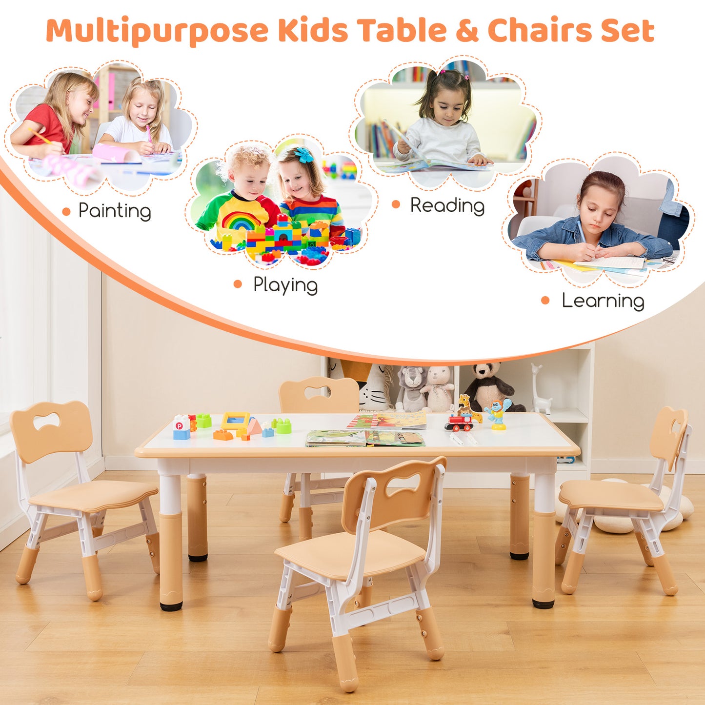 Kids Table and Chairs Set for 4 with Graffiti Desktop-Natural Kids Crystal
