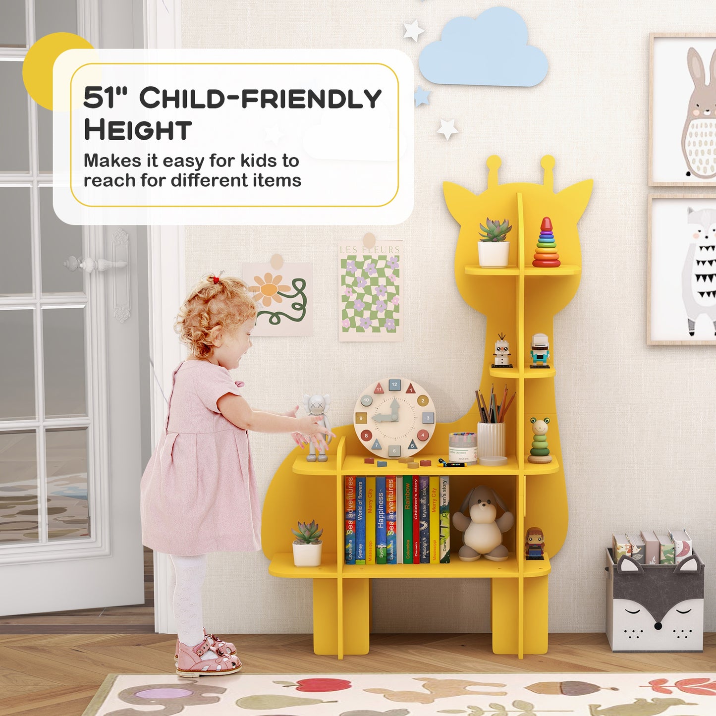 Kids Bookcase Toy Storage Organizer with Open Storage Shelves-Giraffe Kids Crystal