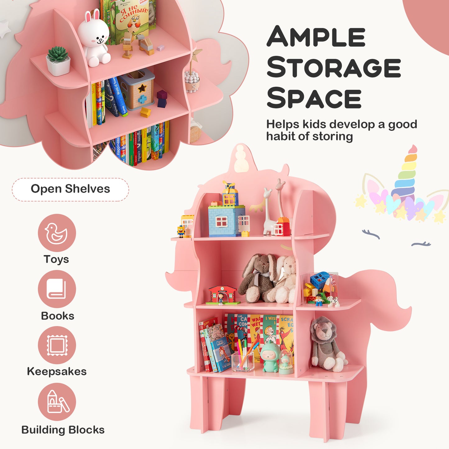 Kids Bookcase Toy Storage Organizer with Open Storage Shelves-Unicorn Kids Crystal