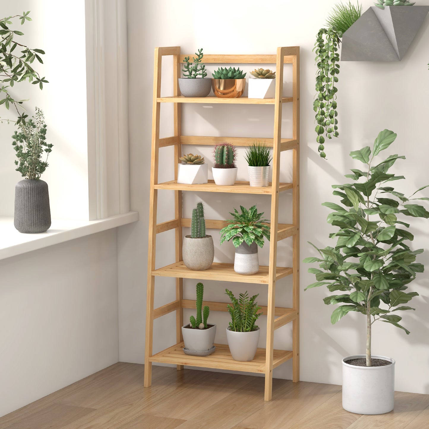 47.5 Inch 4-Tier Multifunctional Bamboo Bookcase Storage Stand Rack Kids Crystal