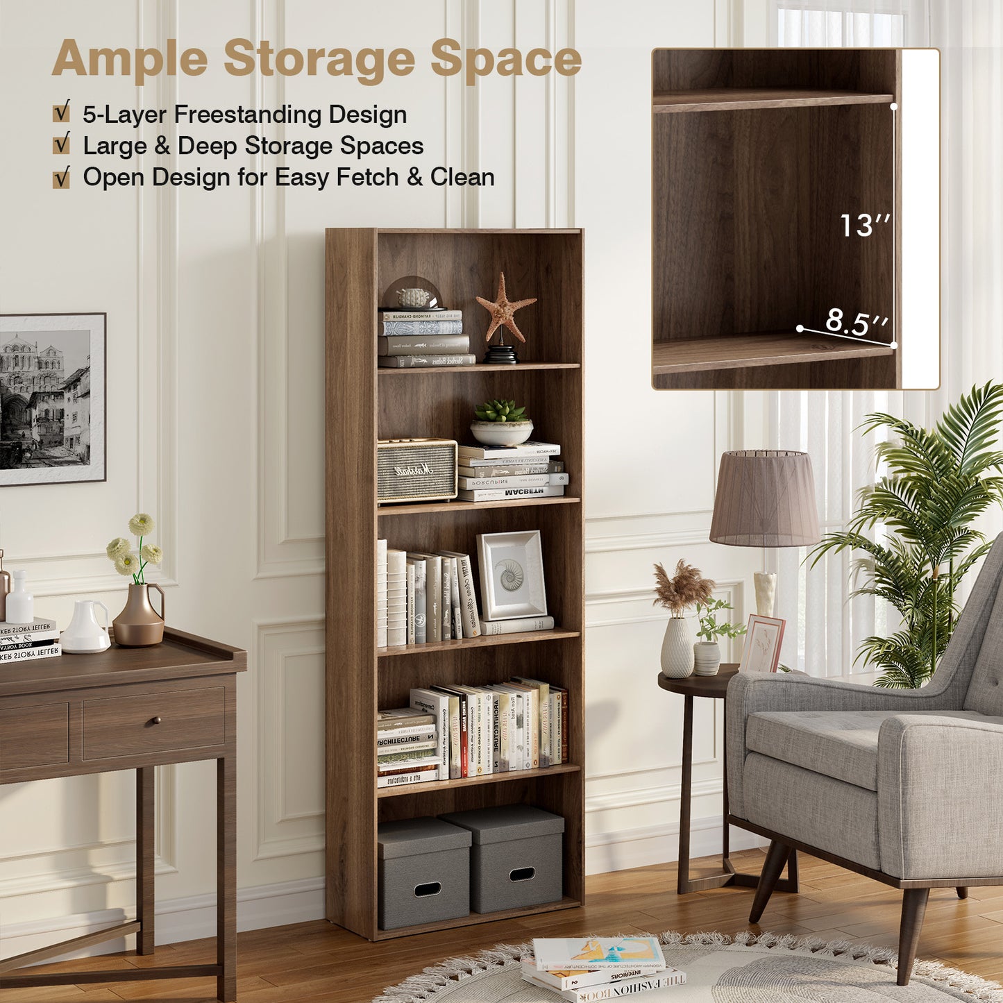 5-Shelf Storage Bookcase Modern Multi-Functional Display Cabinet Furniture-Walnut Kids Crystal