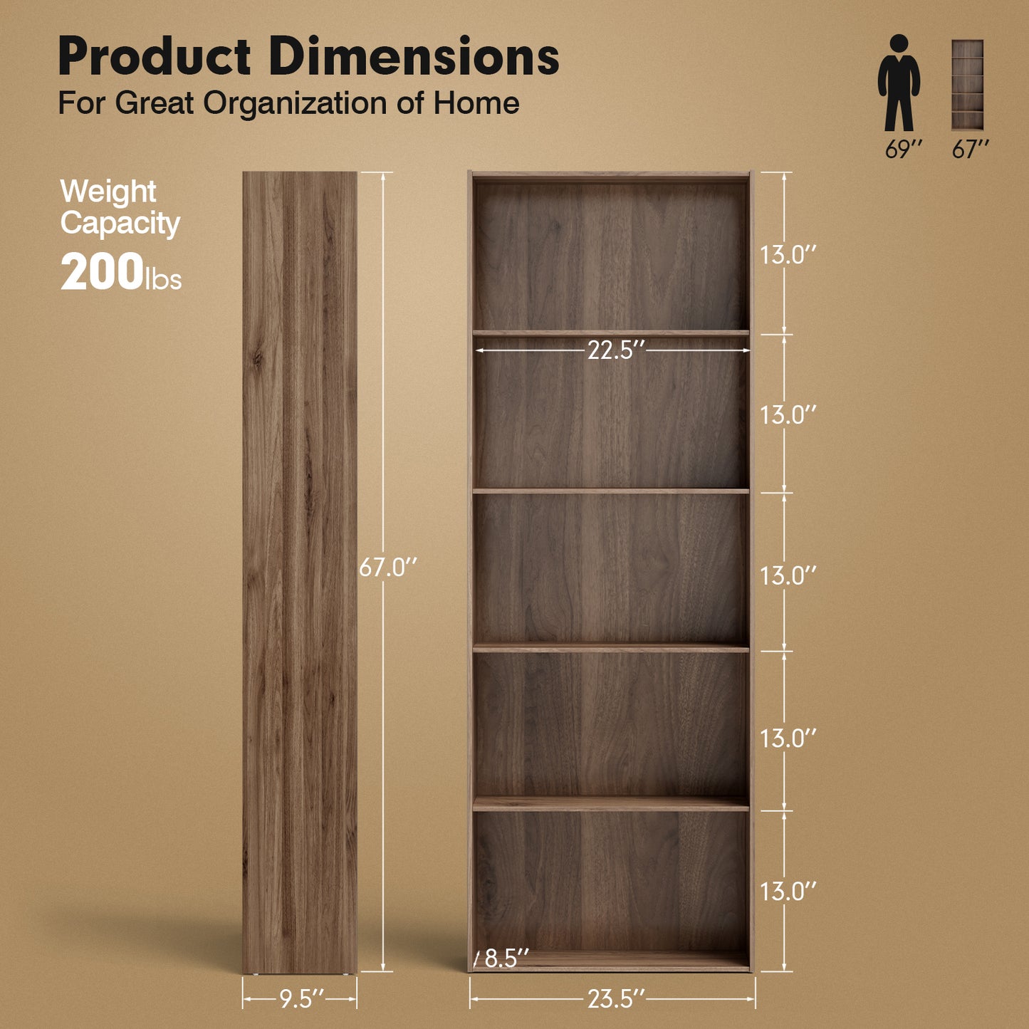 5-Shelf Storage Bookcase Modern Multi-Functional Display Cabinet Furniture-Walnut Kids Crystal