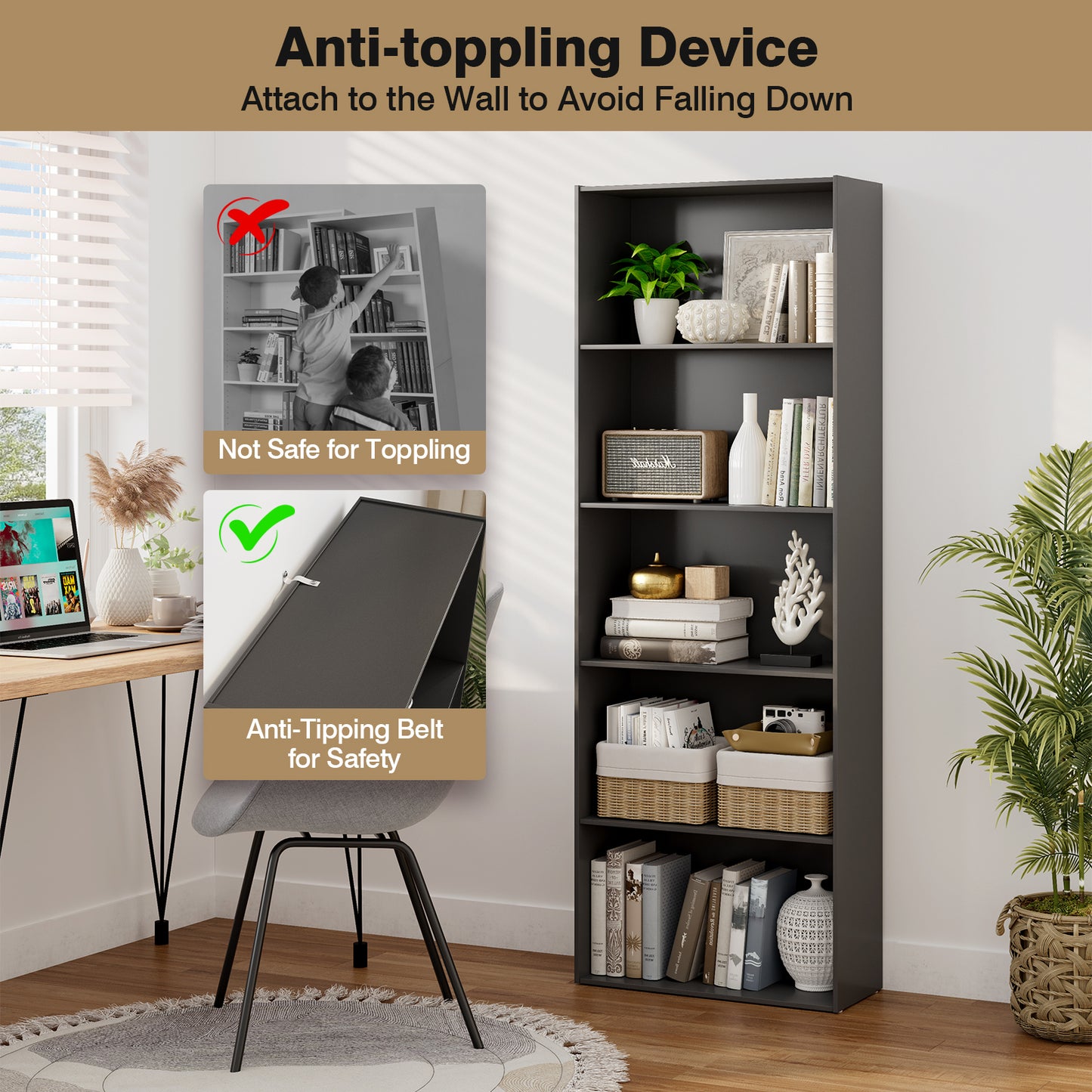 5-Shelf Storage Bookcase Modern Multi-Functional Display Cabinet Furniture-Black Kids Crystal