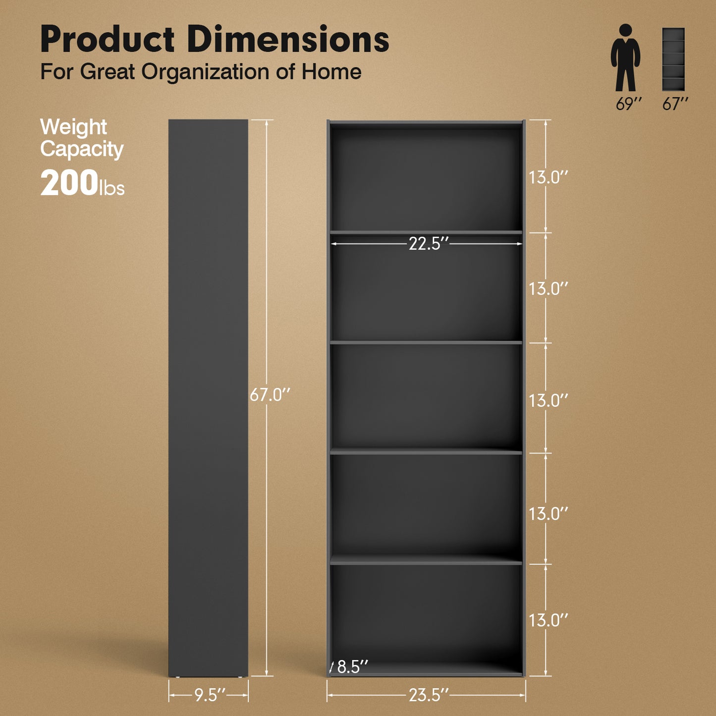 5-Shelf Storage Bookcase Modern Multi-Functional Display Cabinet Furniture-Black Kids Crystal