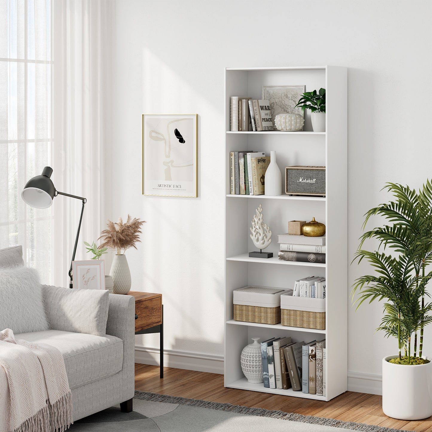 5-Shelf Storage Bookcase Modern Multi-Functional Display Cabinet-White Kids Crystal