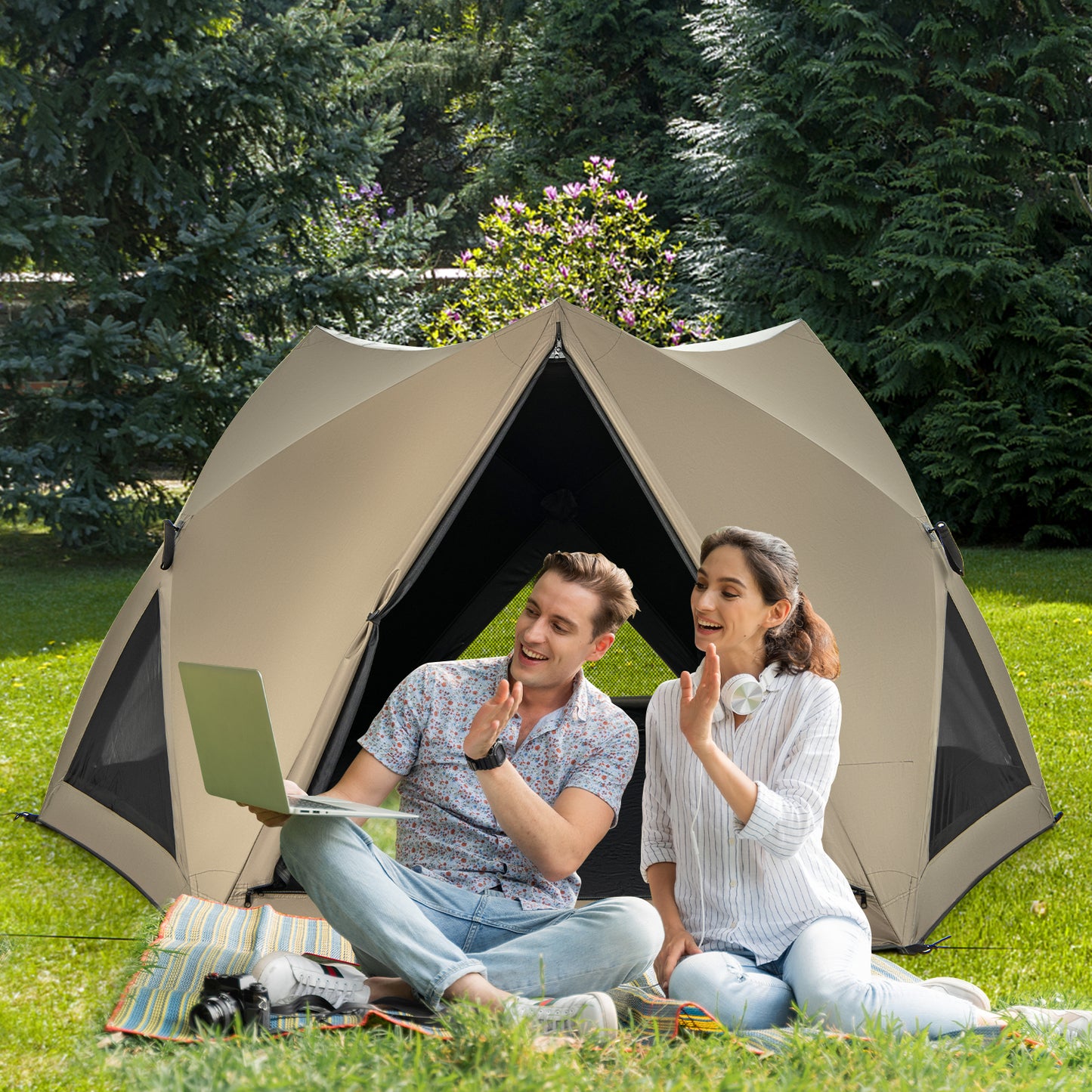 6-Sided Pop-up Family Tent with Rainfly Skylight 3 Doors 3 Windows-Green Kids Crystal