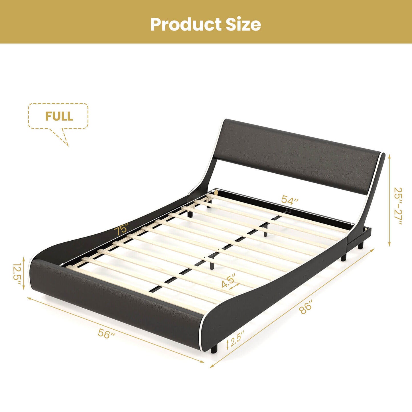Upholstered Platform Bed Frame Low Profile Faux Leather with Curved Headboard-Full Size Kids Crystal