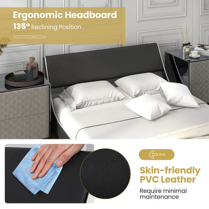 Upholstered Platform Bed Frame Low Profile Faux Leather with Curved Headboard-Full Size