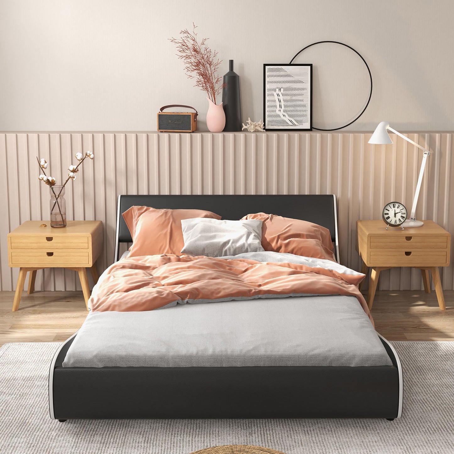 Upholstered Platform Bed Frame Low Profile Faux Leather with Curved Headboard-Full Size Kids Crystal