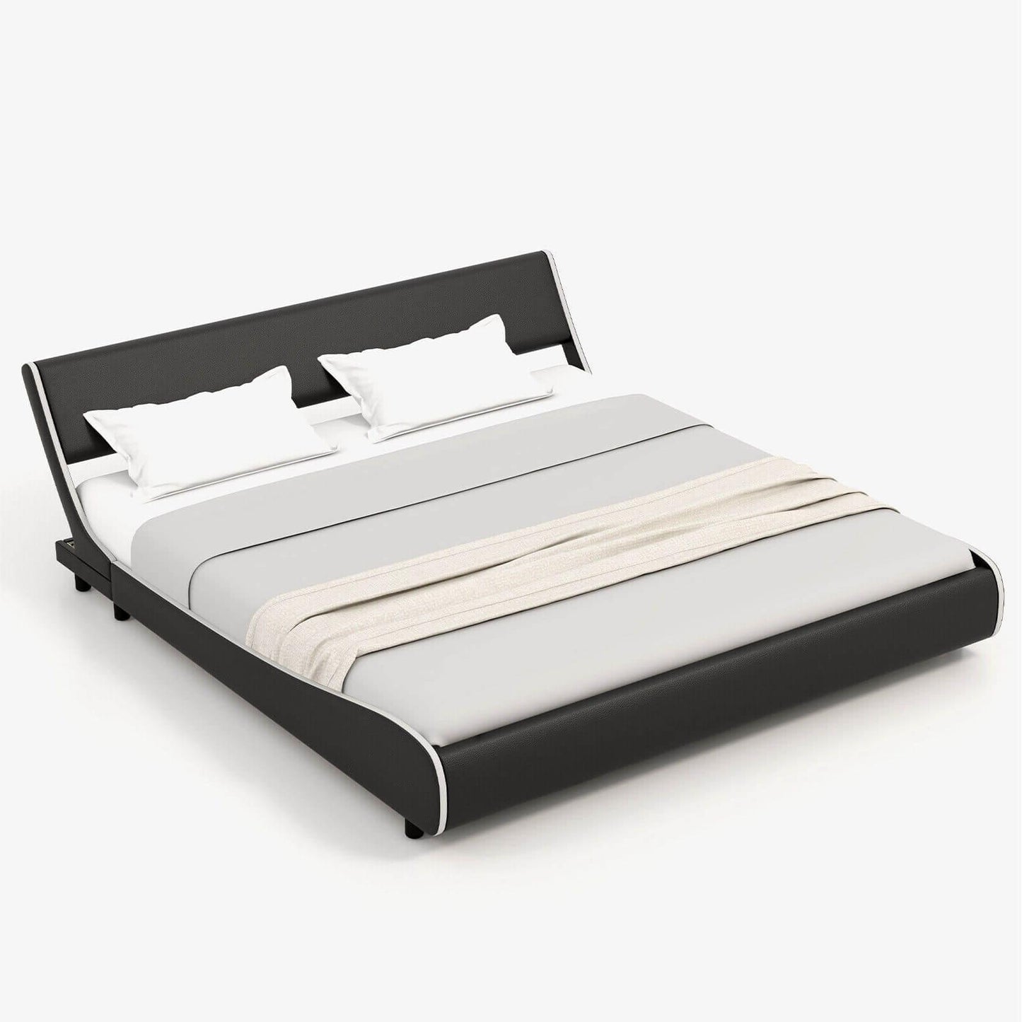 Upholstered Platform Bed Frame Low Profile Faux Leather with Curved Headboard-King Size Kids Crystal