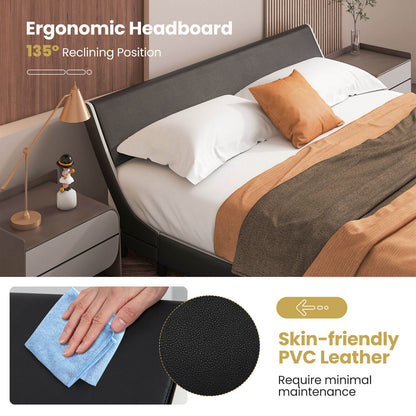 Upholstered Platform Bed Frame Low Profile Faux Leather with Curved Headboard-King Size