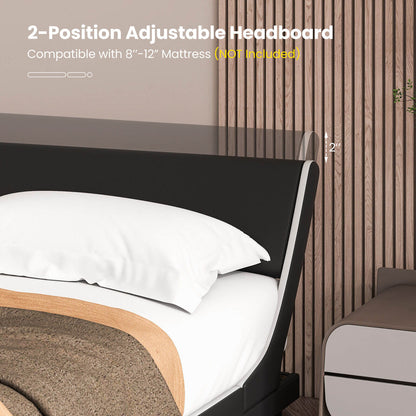 Upholstered Platform Bed Frame Low Profile Faux Leather with Curved Headboard-King Size