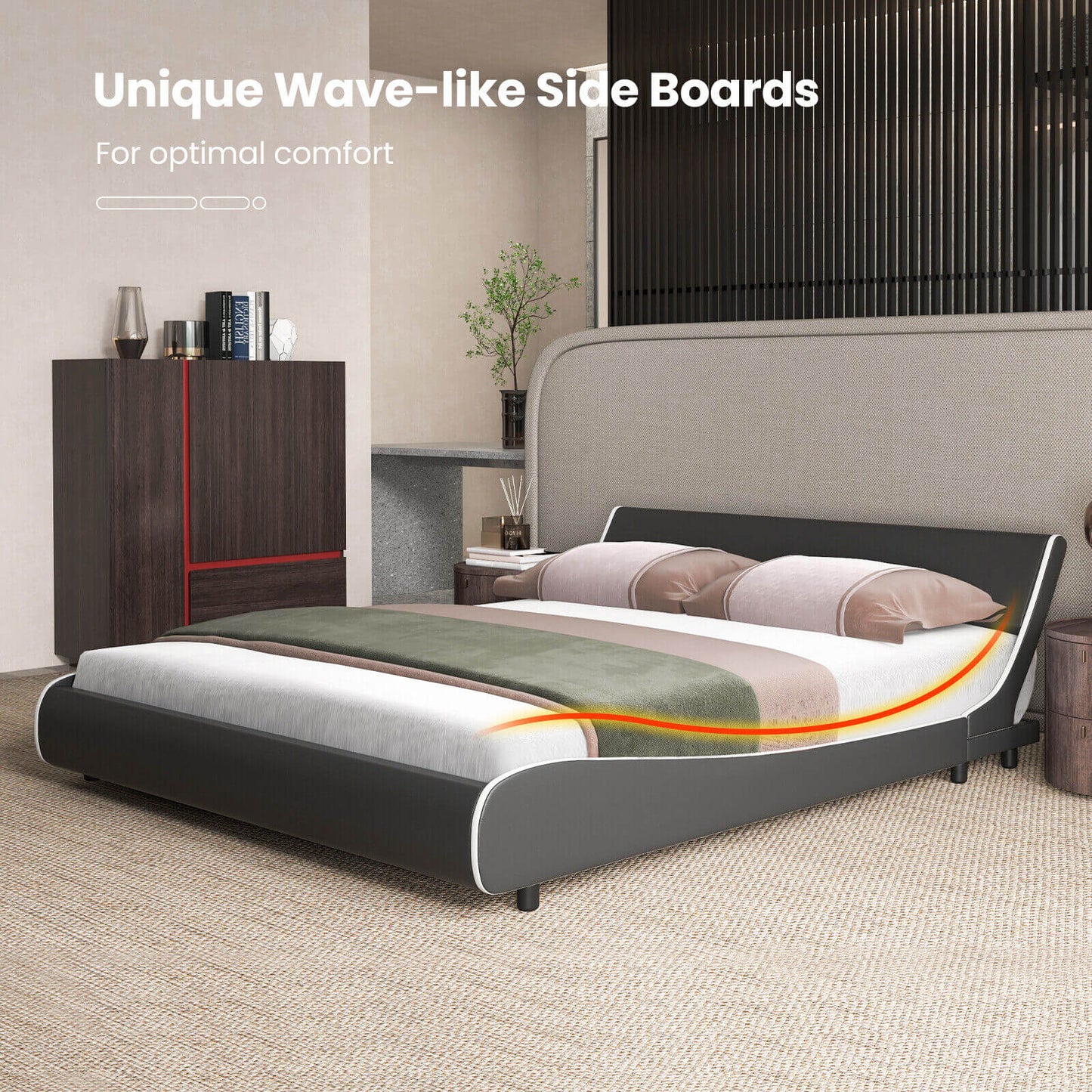 Upholstered Platform Bed Frame Low Profile Faux Leather with Curved Headboard-King Size Kids Crystal
