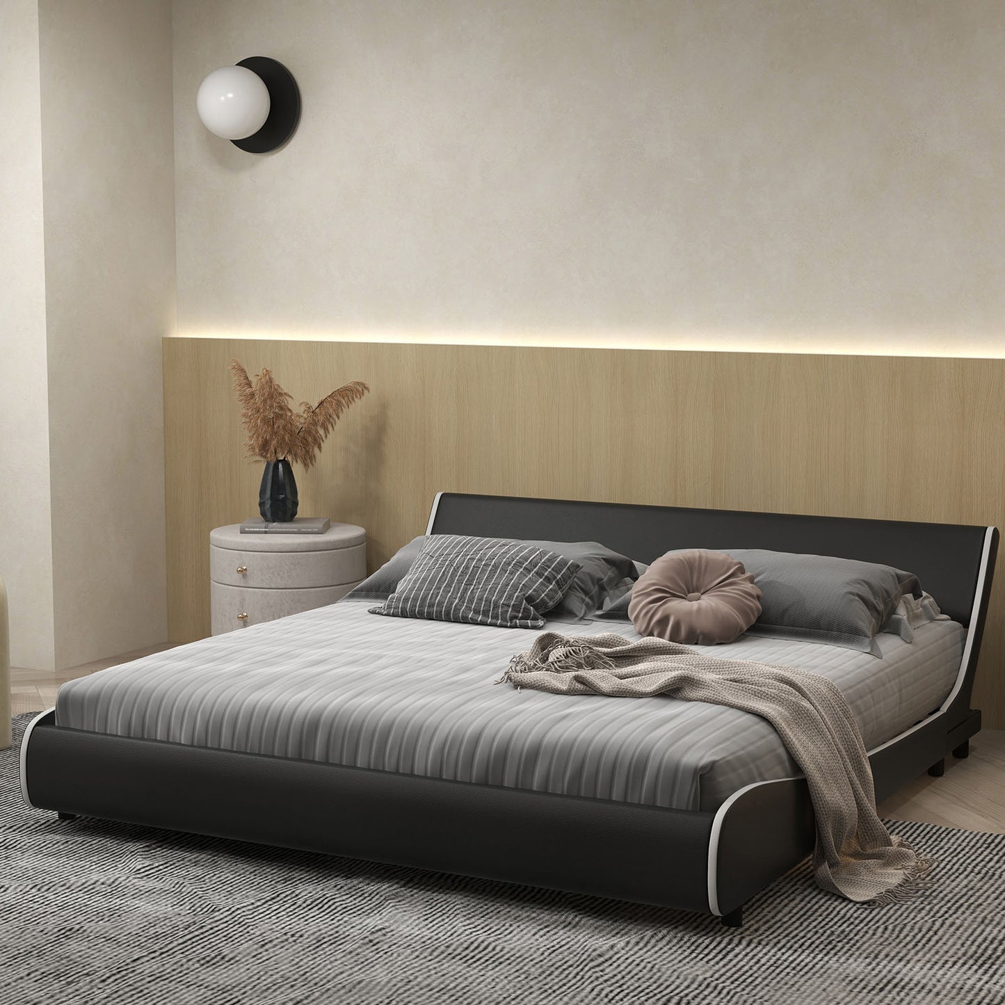 Upholstered Platform Bed Frame Low Profile Faux Leather with Curved Headboard-King Size Kids Crystal