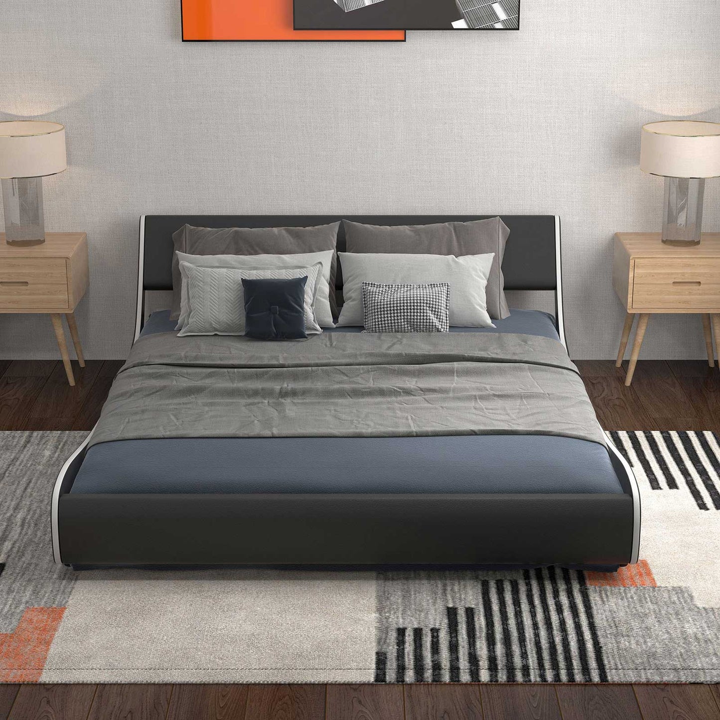 Upholstered Platform Bed Frame Low Profile Faux Leather with Curved Headboard-King Size Kids Crystal