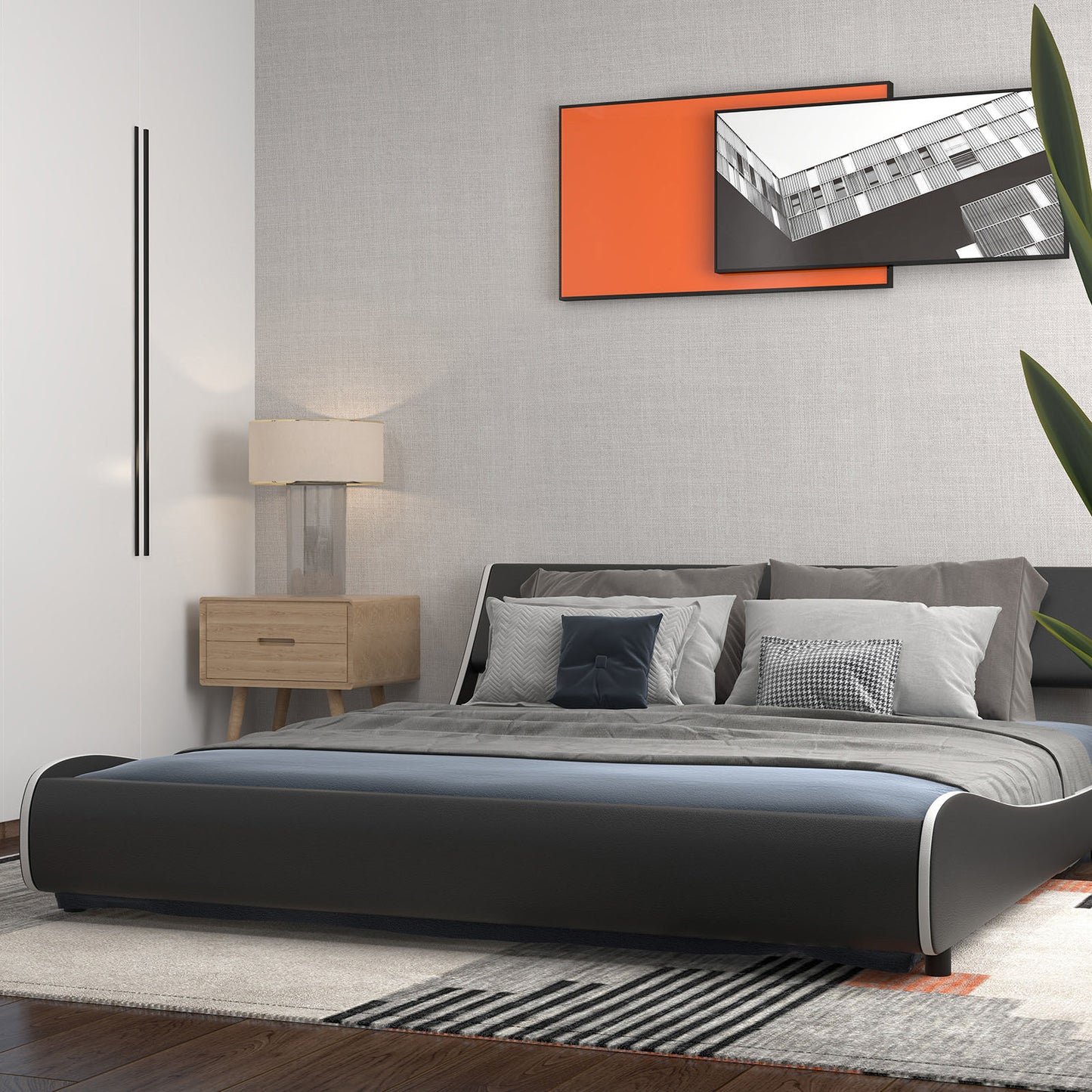 Upholstered Platform Bed Frame Low Profile Faux Leather with Curved Headboard-King Size Kids Crystal