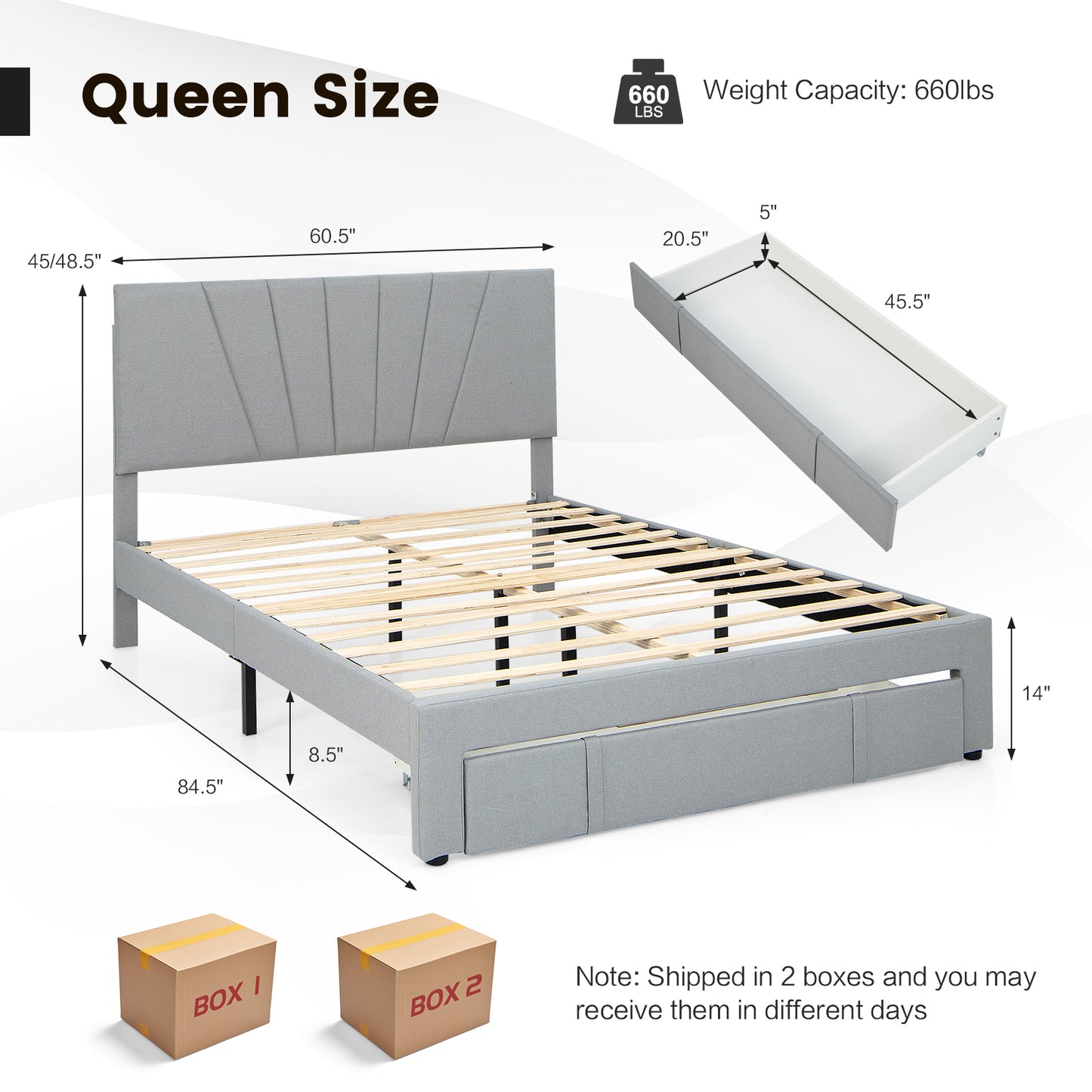 Full/Queen Size Upholstered Bed Frame with Drawer and Adjustable Headboard-Queen Size Kids Crystal