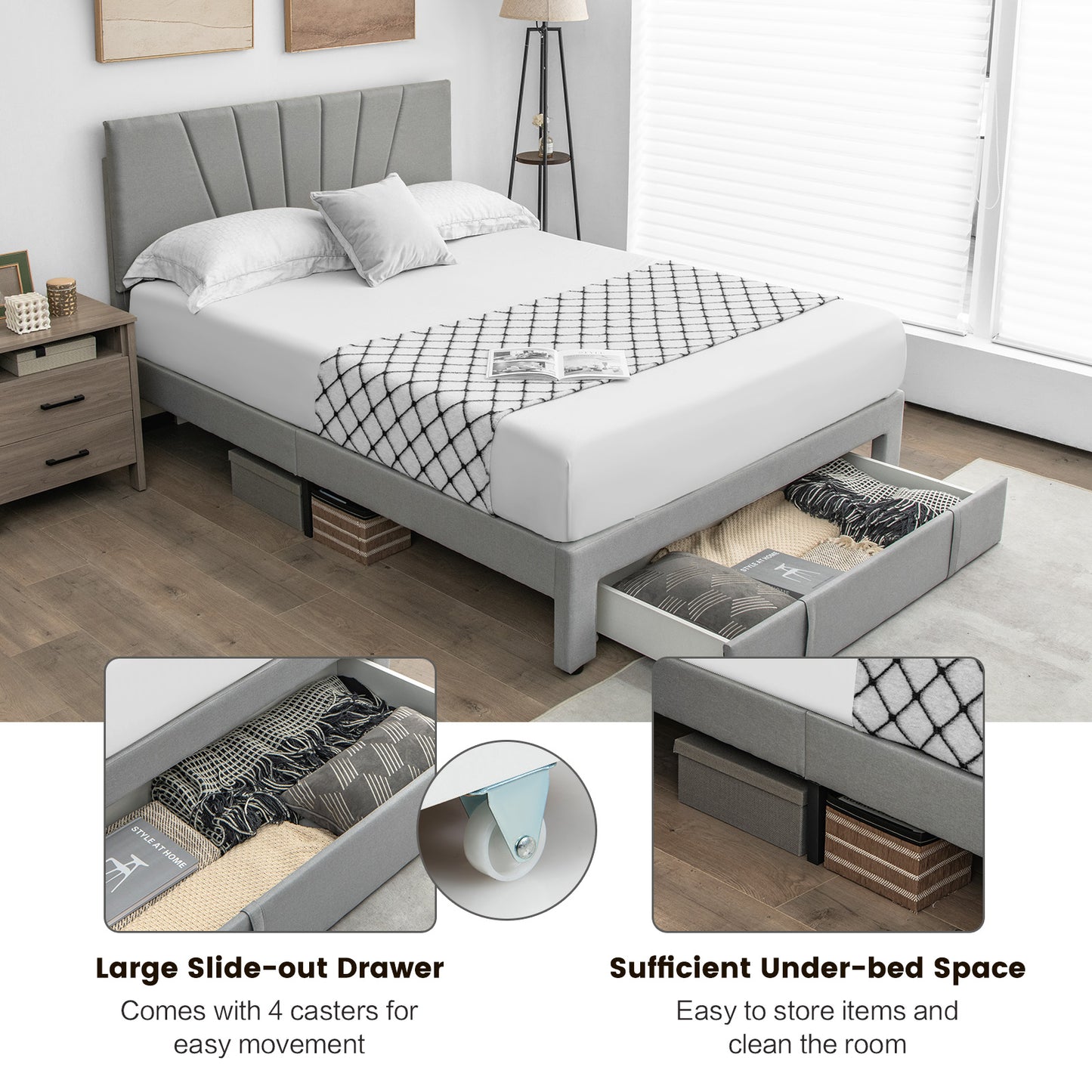 Full/Queen Size Upholstered Bed Frame with Drawer and Adjustable Headboard-Queen Size Kids Crystal