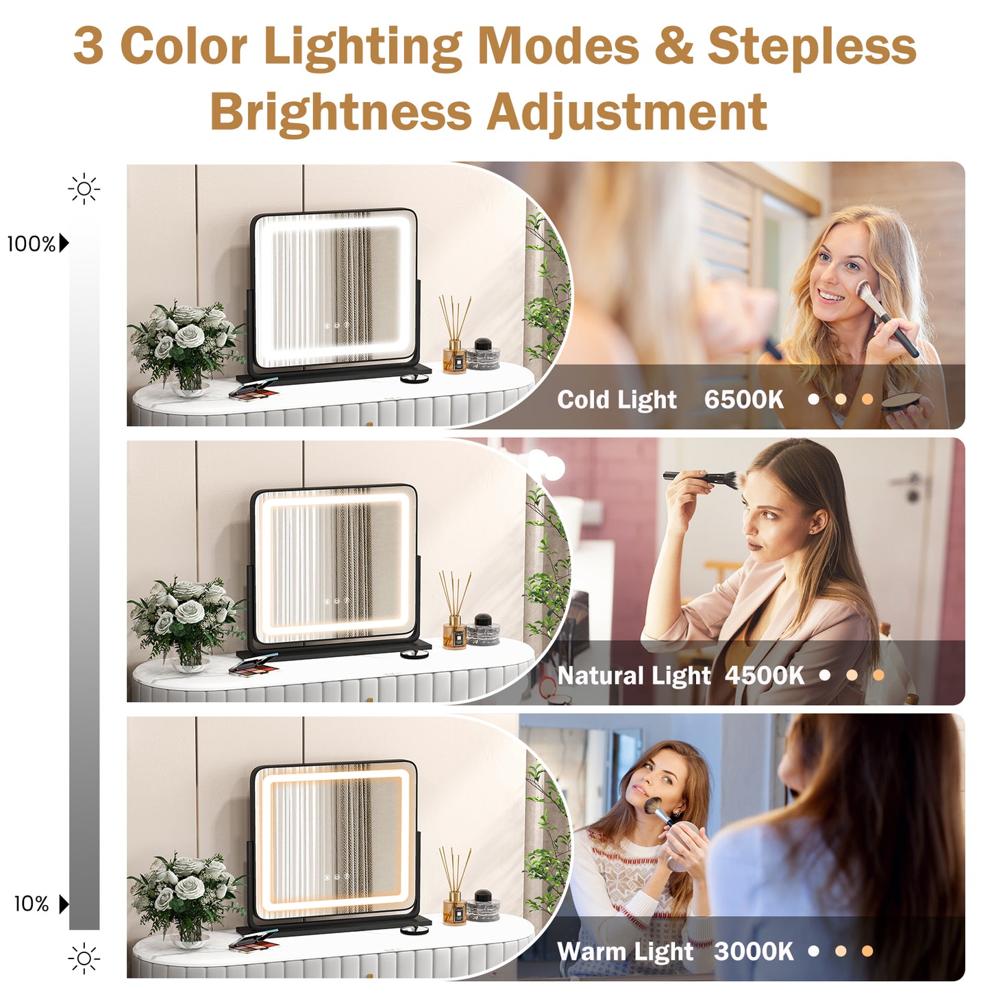 360° Rotatable Vanity Makeup Mirror with 3 Color Lighting Modes and Touch Control-Black Kids Crystal