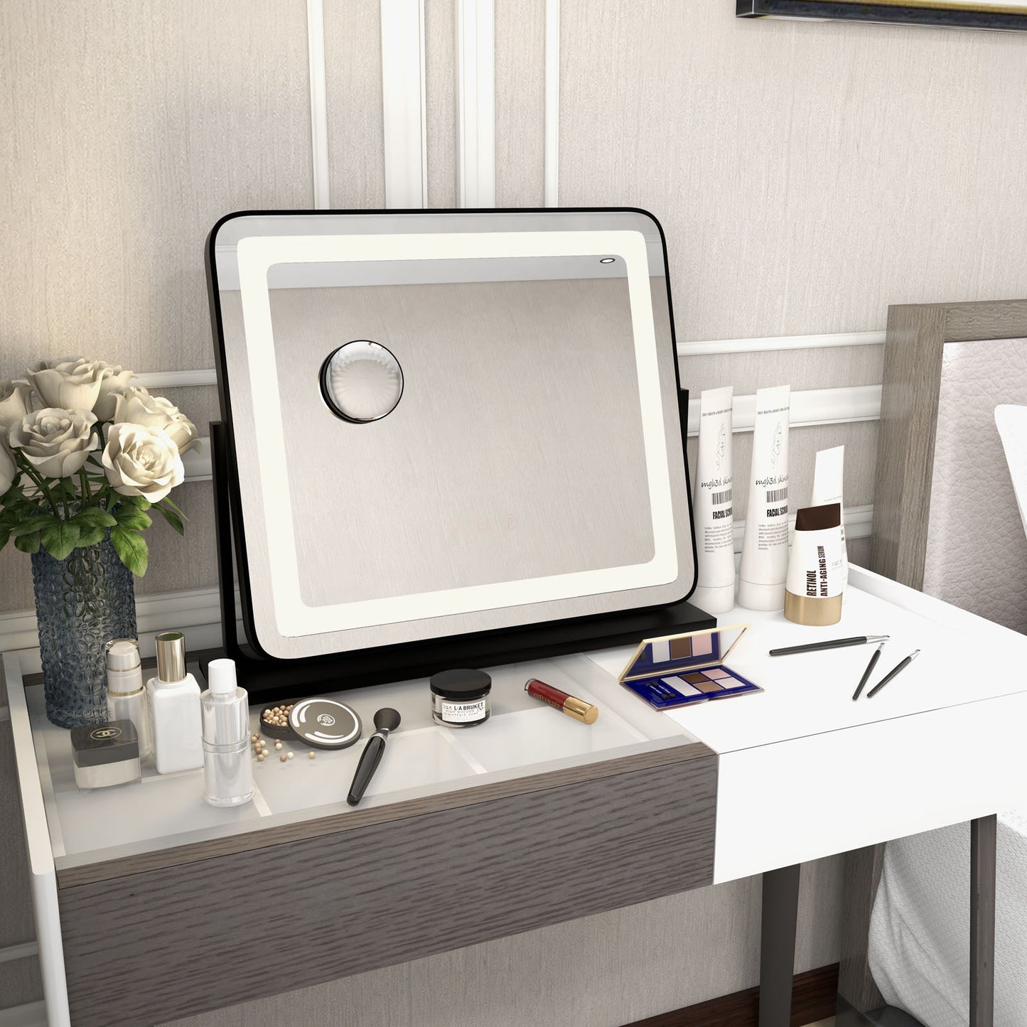 360° Rotatable Vanity Makeup Mirror with 3 Color Lighting Modes and Touch Control-Black Kids Crystal
