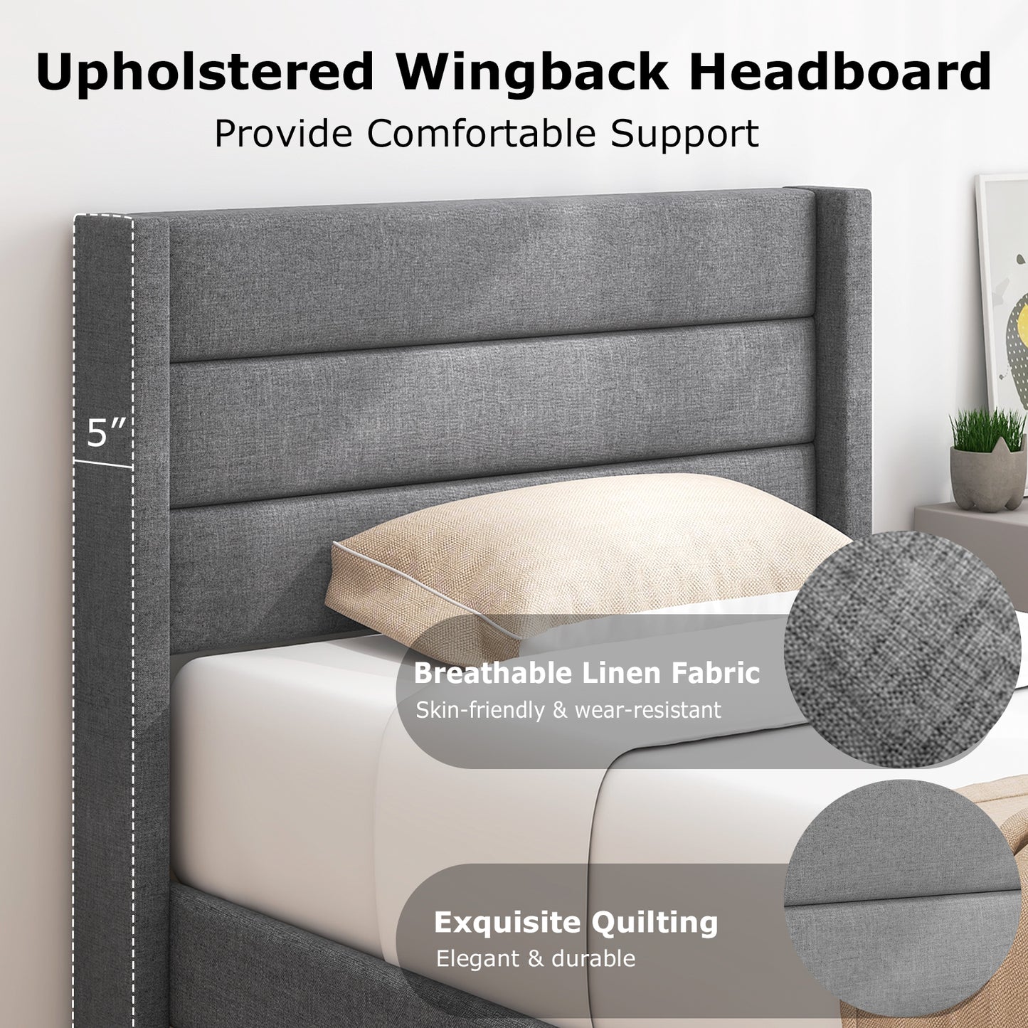 Linen Upholstered Platform Twin/Queen Bed Frame with Wingback Headboard-Twin Size Kids Crystal