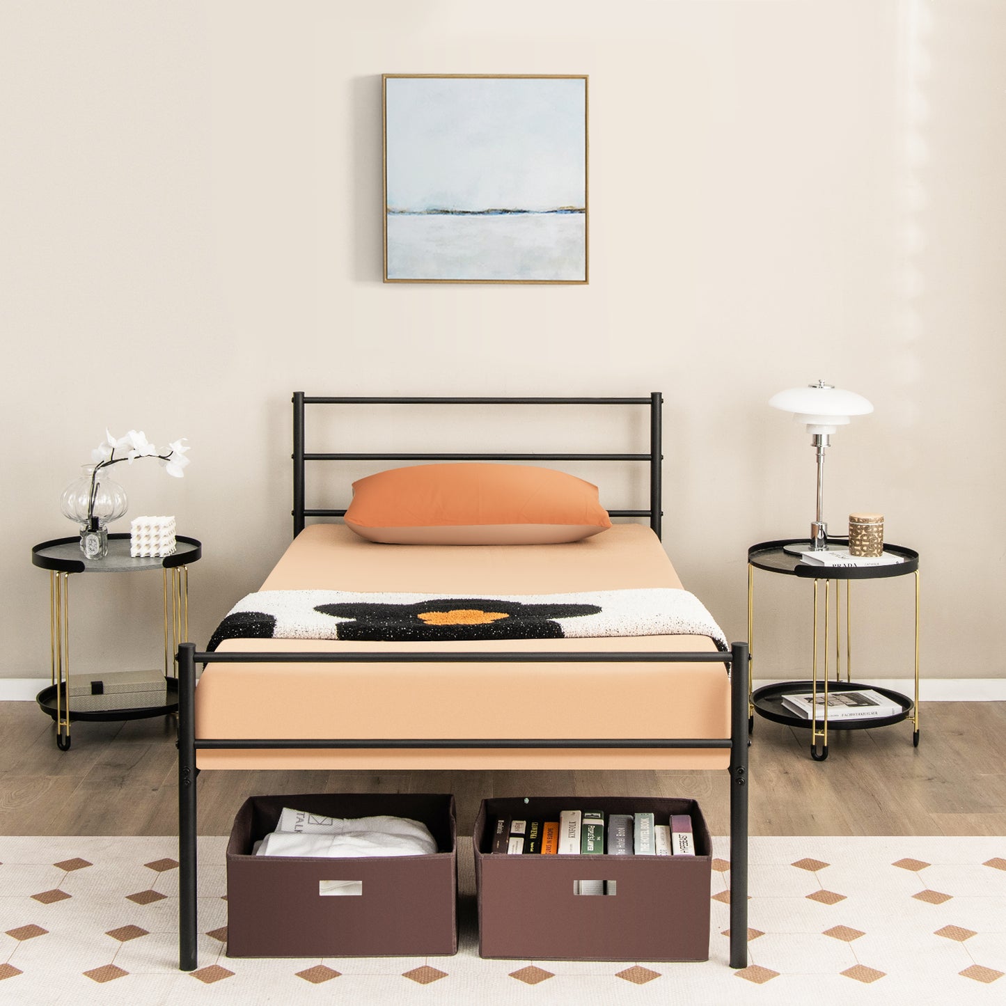 Twin Size Metal Bed Frame Platform with Headboard-Black Kids Crystal