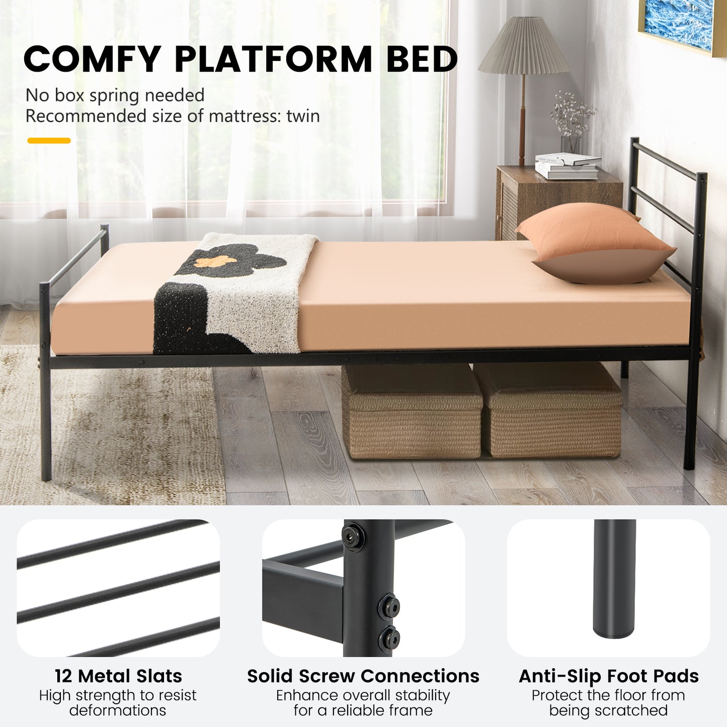 Twin Size Metal Bed Frame Platform with Headboard-Black Kids Crystal