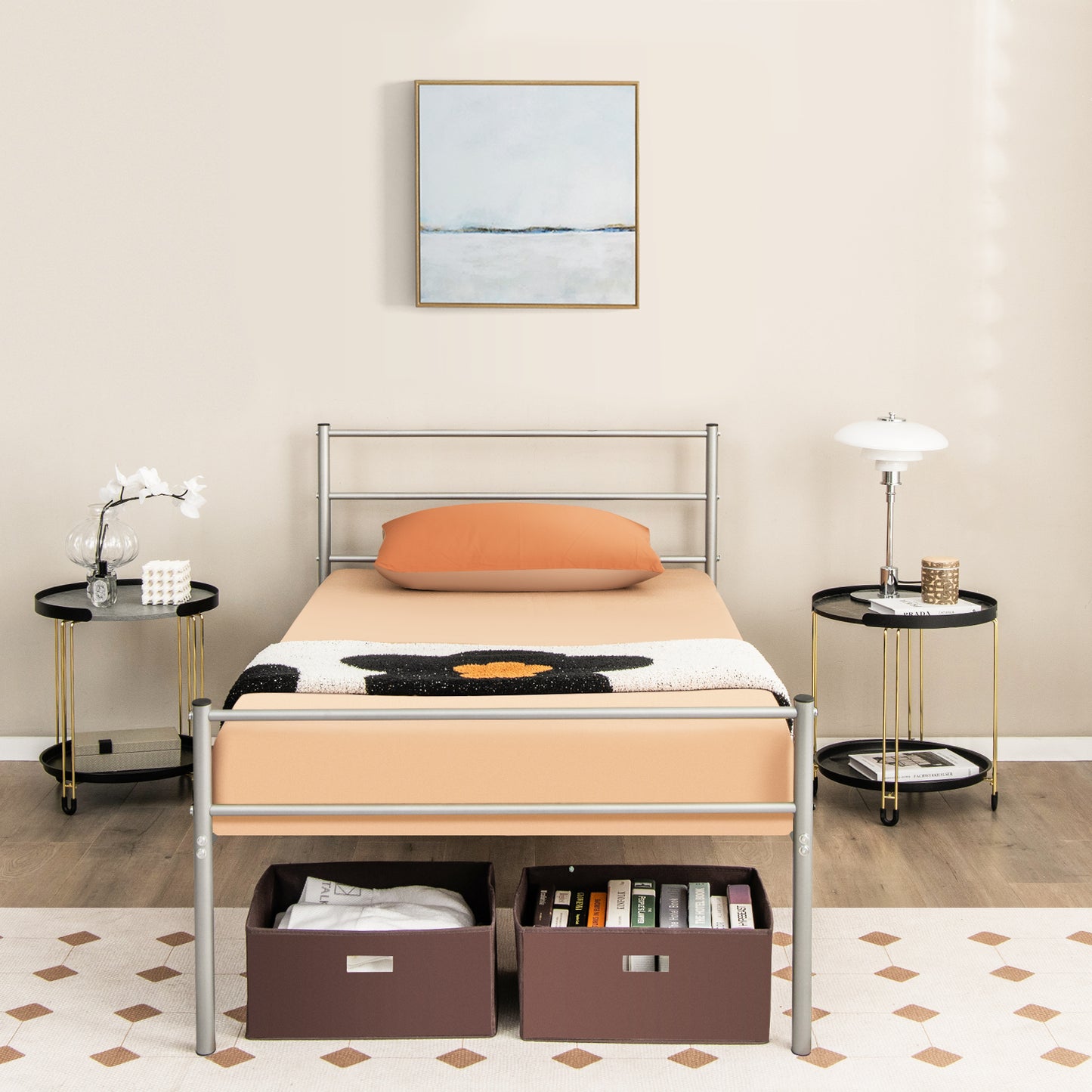 Twin Size Metal Bed Frame Platform with Headboard-Silver Kids Crystal