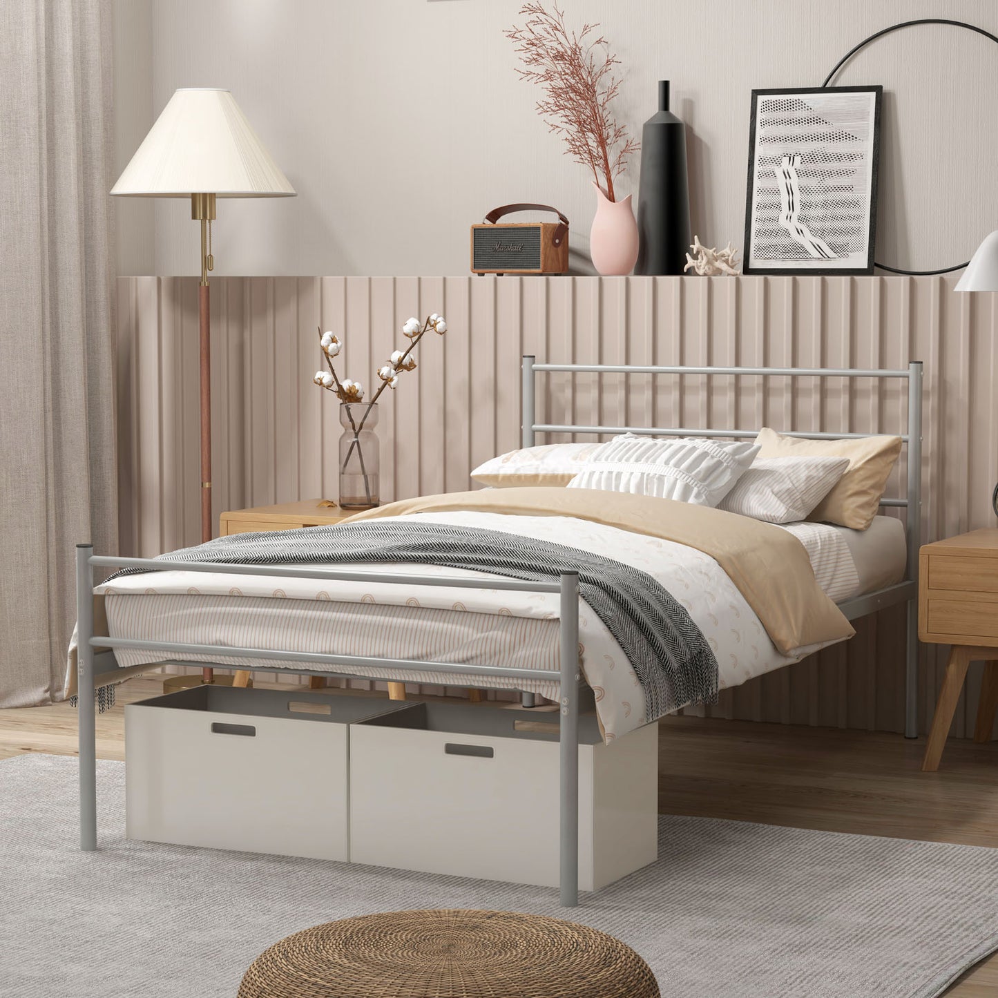 Twin Size Metal Bed Frame Platform with Headboard-Silver Kids Crystal