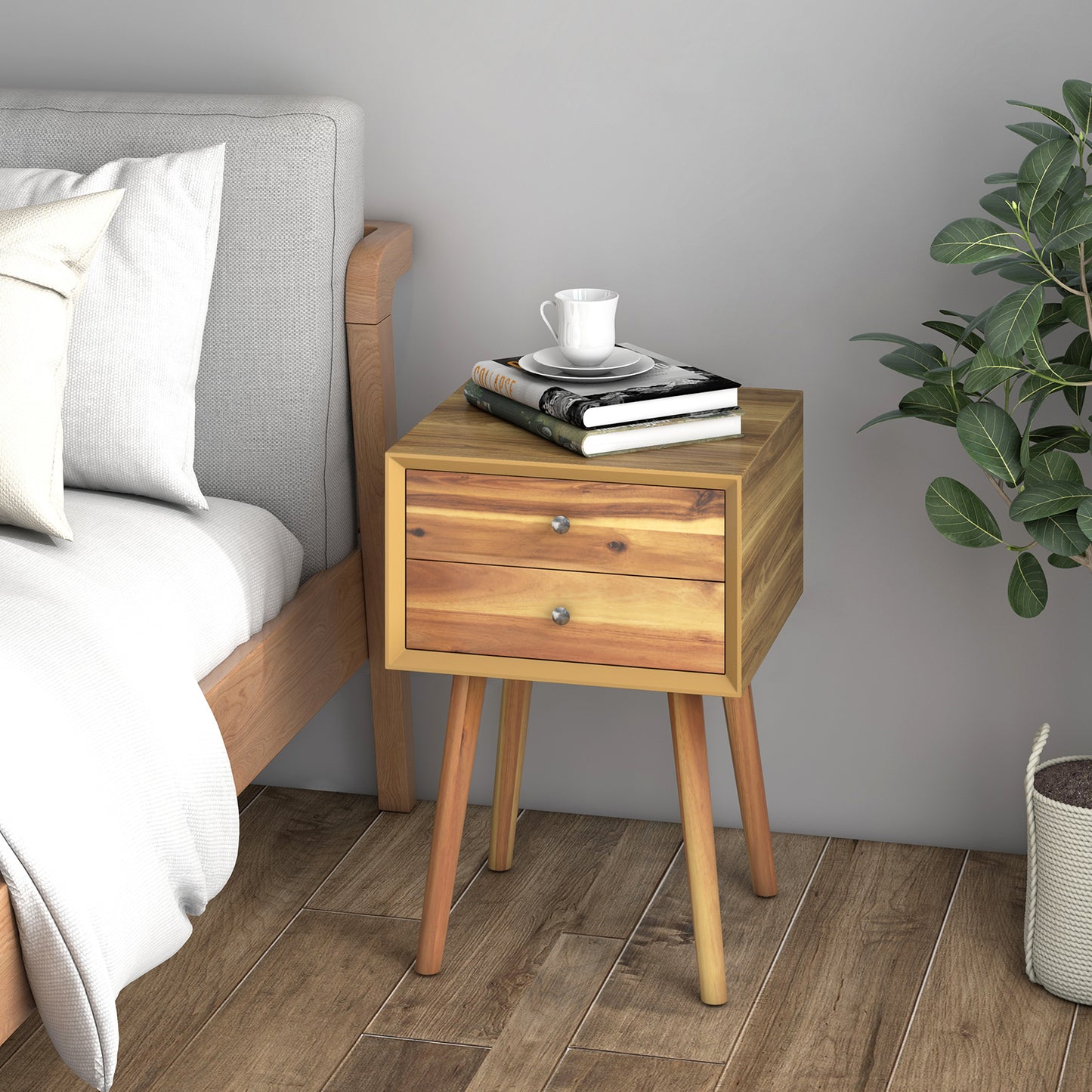 Wooden Nightstand Mid-Century End Side Table with 2 Storage Drawers-Natural Kids Crystal