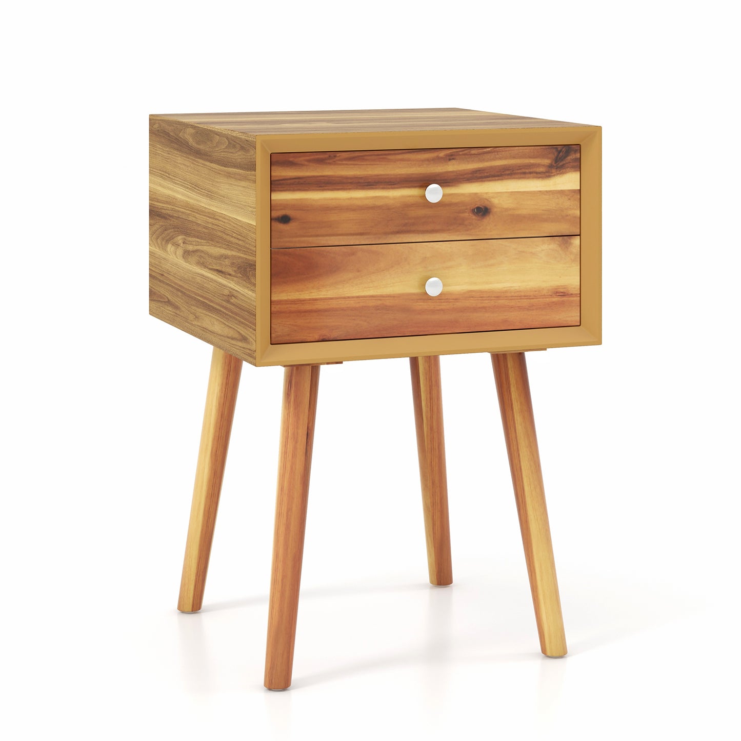 Wooden Nightstand Mid-Century End Side Table with 2 Storage Drawers-Natural Kids Crystal