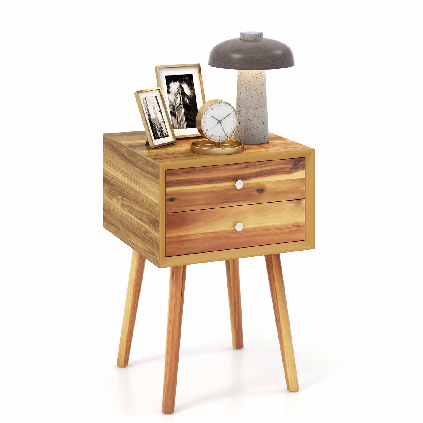 Wooden Nightstand Mid-Century End Side Table with 2 Storage Drawers-Natural Kids Crystal